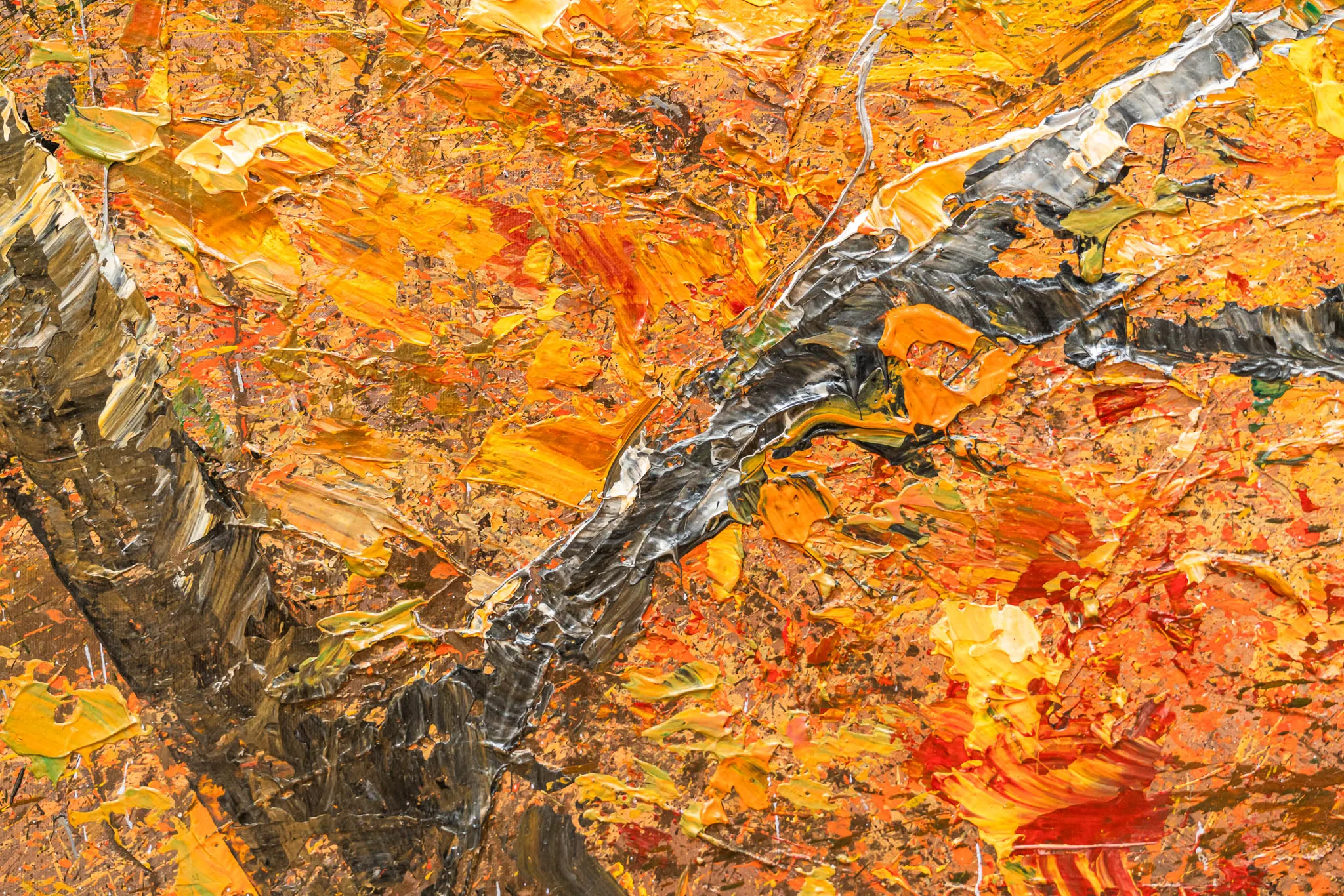 Close-up of Autumn Leaves, an original painting by Paul Kenton: thick, textured strokes of orange, gold and red crowd around a sweeping charcoal-black branch, with flecks of metallic sheen.