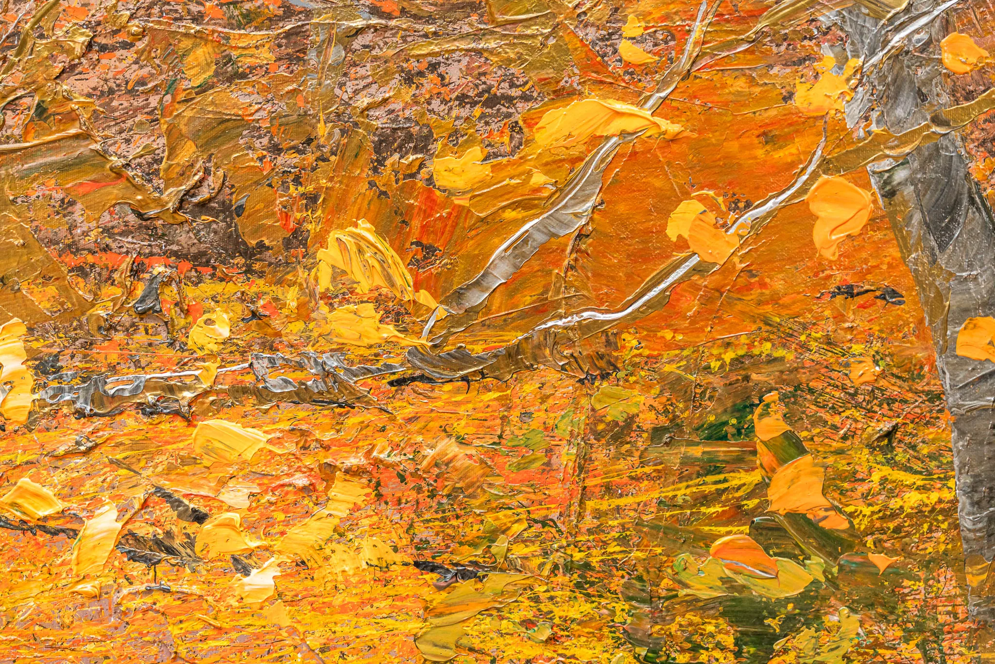 Close-up of Autumn Leaves, an original painting by Paul Kenton, showing thick, textured strokes of orange, ochre and gold paint with silver branches and a grey birch trunk at the right.