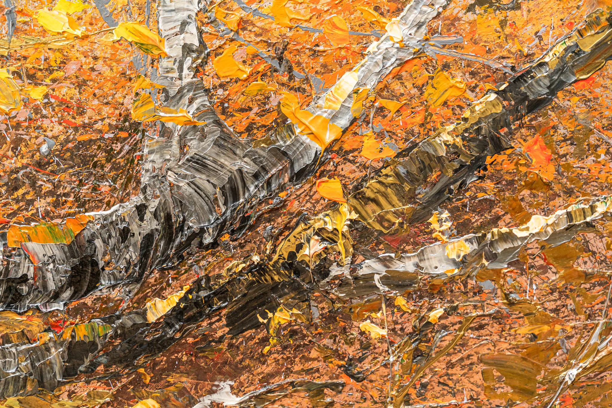 Close-up of Autumn Leaves, an original painting by Paul Kenton: thick, textured strokes of black, silver and grey birch-like trunks cross a dense field of orange, gold and rust leaves.