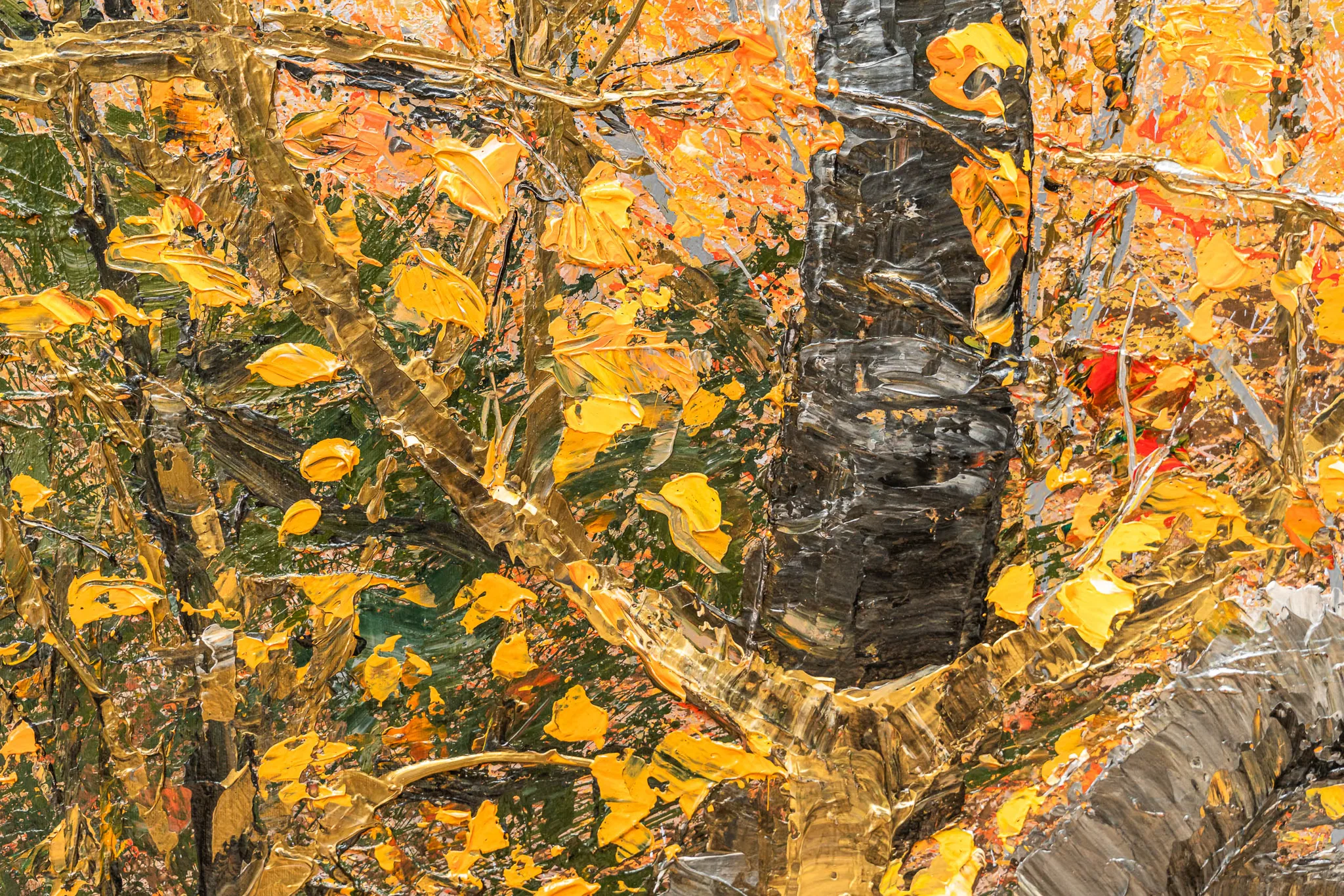 Close-up detail of Autumn Leaves, an original painting by Paul Kenton: thick, textured yellow and orange leaves over a dark trunk, with gold-metallic branches and flecks of green.