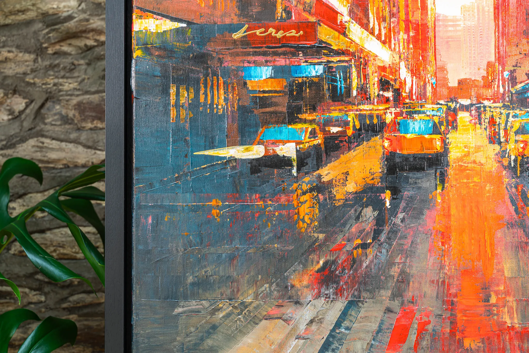 Close-up of Big Apple Dreaming, an original painting by Paul Kenton, showing a New York street with yellow taxis, glowing orange light and thick, textured brushwork.