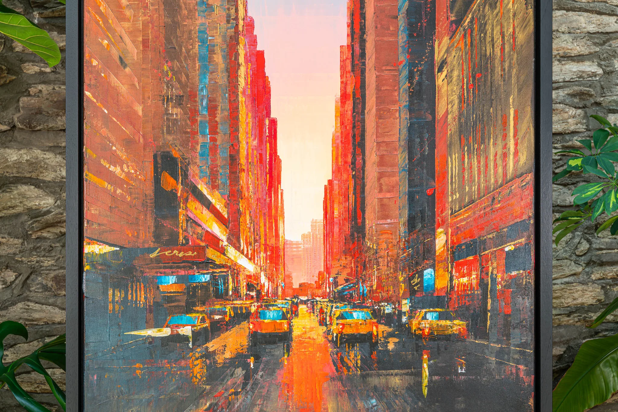 Close-up of Big Apple Dreaming, an original painting by Paul Kenton: a bold, textured street of tall buildings and yellow taxis glows orange and red beneath a pale sunset sky.