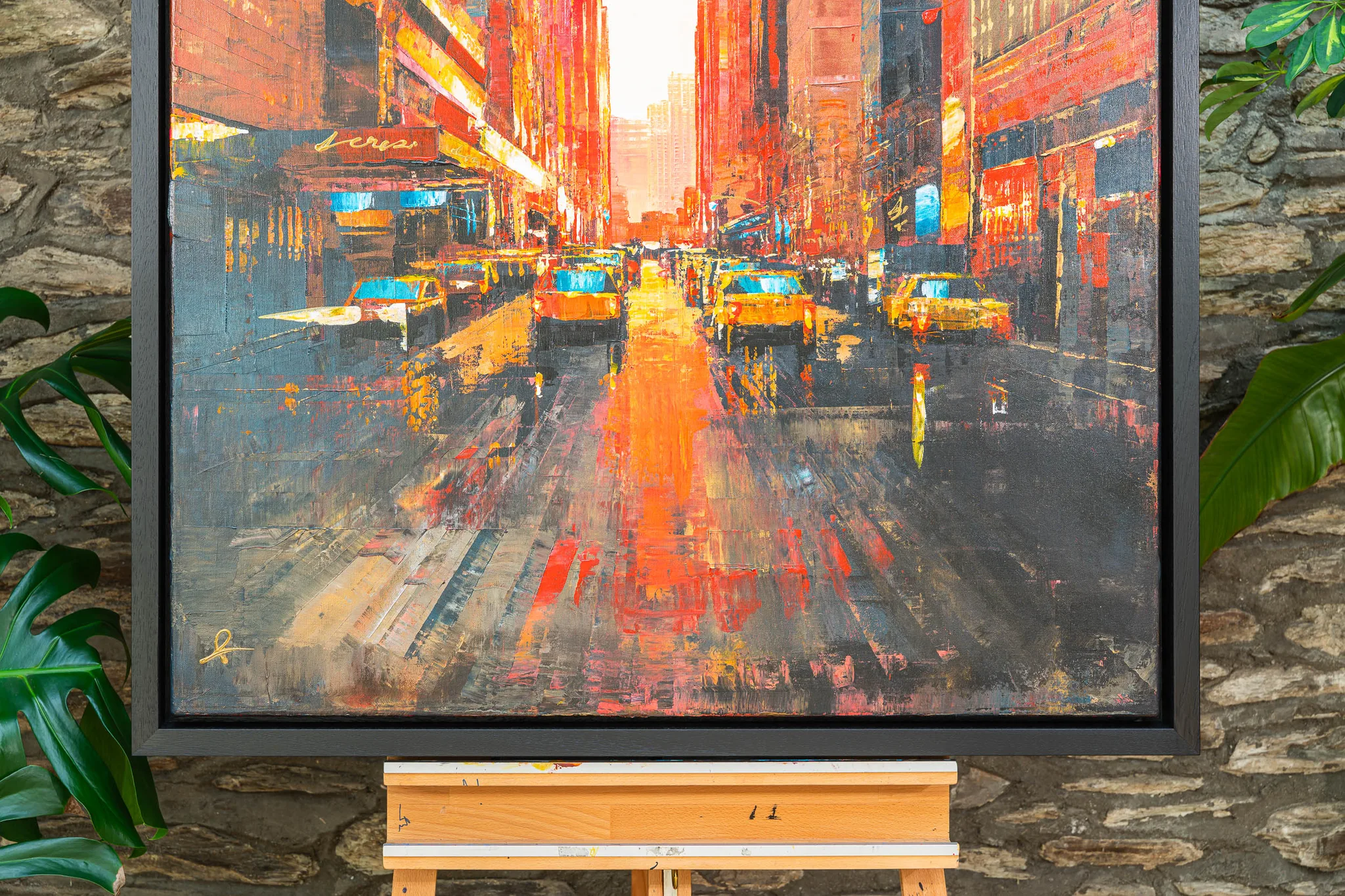 Big Apple Dreaming, an original mixed media painting by Paul Kenton: a rain-slicked New York street glows orange and red, with yellow taxis lining a busy avenue beneath towering buildings.