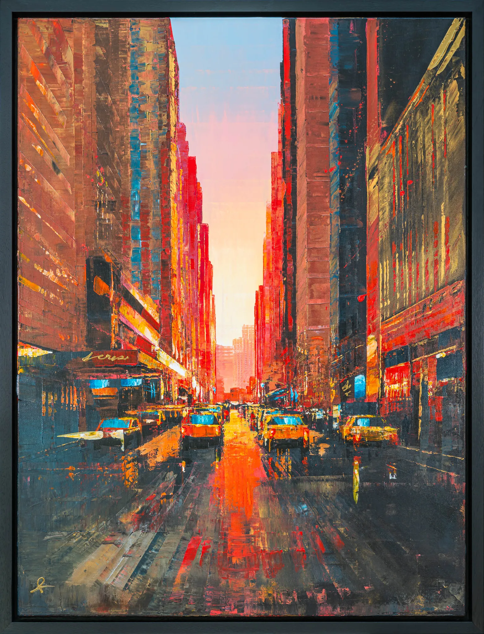 Big Apple Dreaming, an original painting by Paul Kenton in a slim black floating frame: a New York street at sunset, with yellow taxis, towering red and blue buildings and a glowing pink sky.