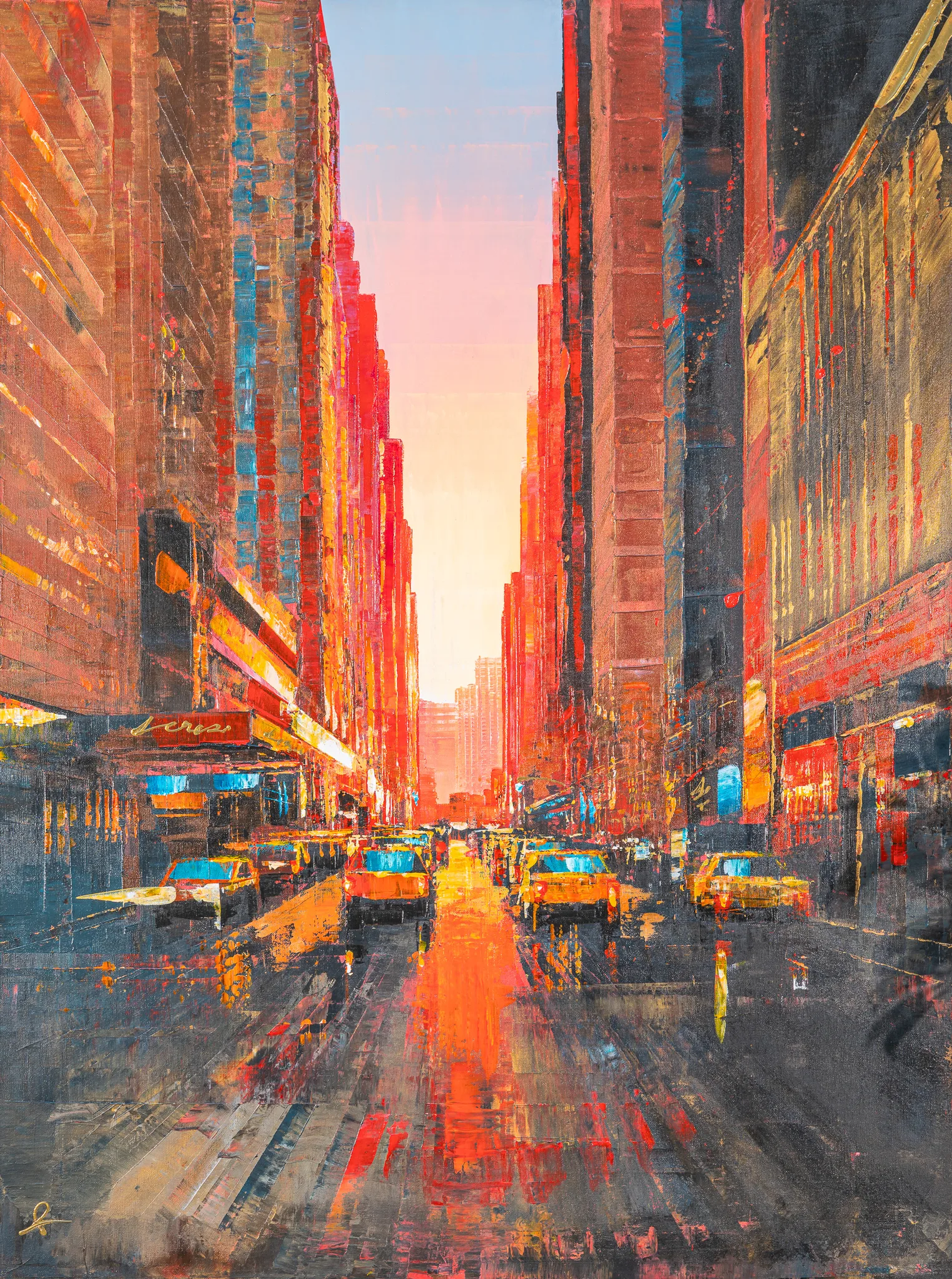 Big Apple Dreaming, an original painting by Paul Kenton: a New York avenue at sunset, with yellow cabs in heavy textured strokes between tall red and dark skyscrapers, the glowing pink sky and reflective road drawing the eye down the street.