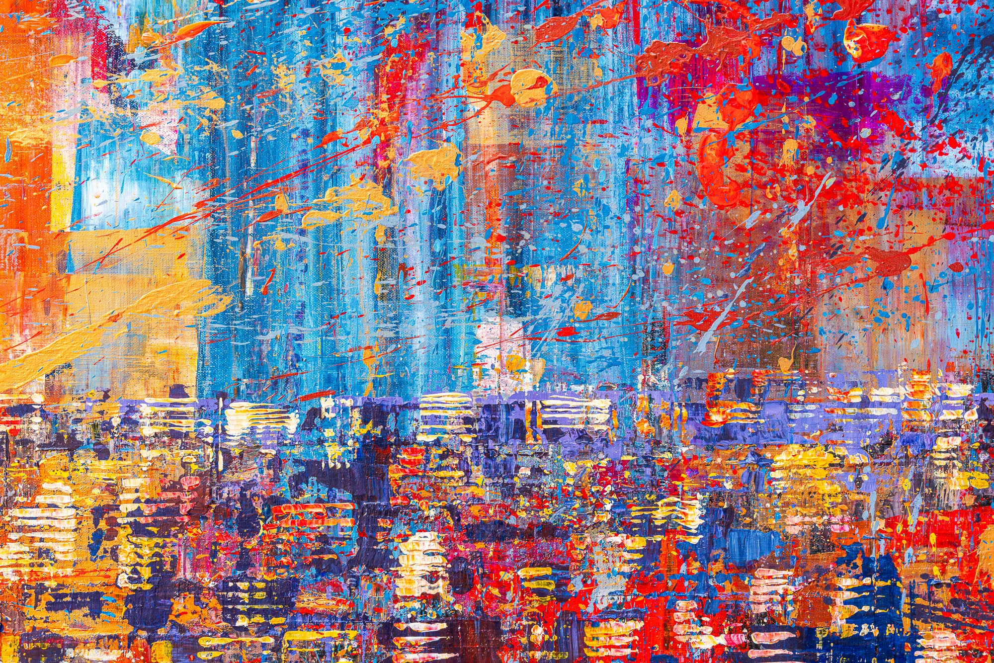 Close-up of Blaze Across the Thames, an original painting by Paul Kenton: thick, textured strokes of blue, orange and red above a dense band of glowing yellow and white city lights.