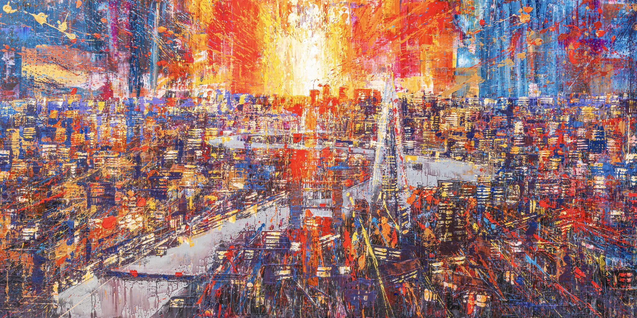 Blaze Across the Thames, an original mixed media painting by Paul Kenton: an aerial view of London at sunset, with a dense grid of buildings, a glowing orange-gold sky and the Thames curving through in blue and grey.