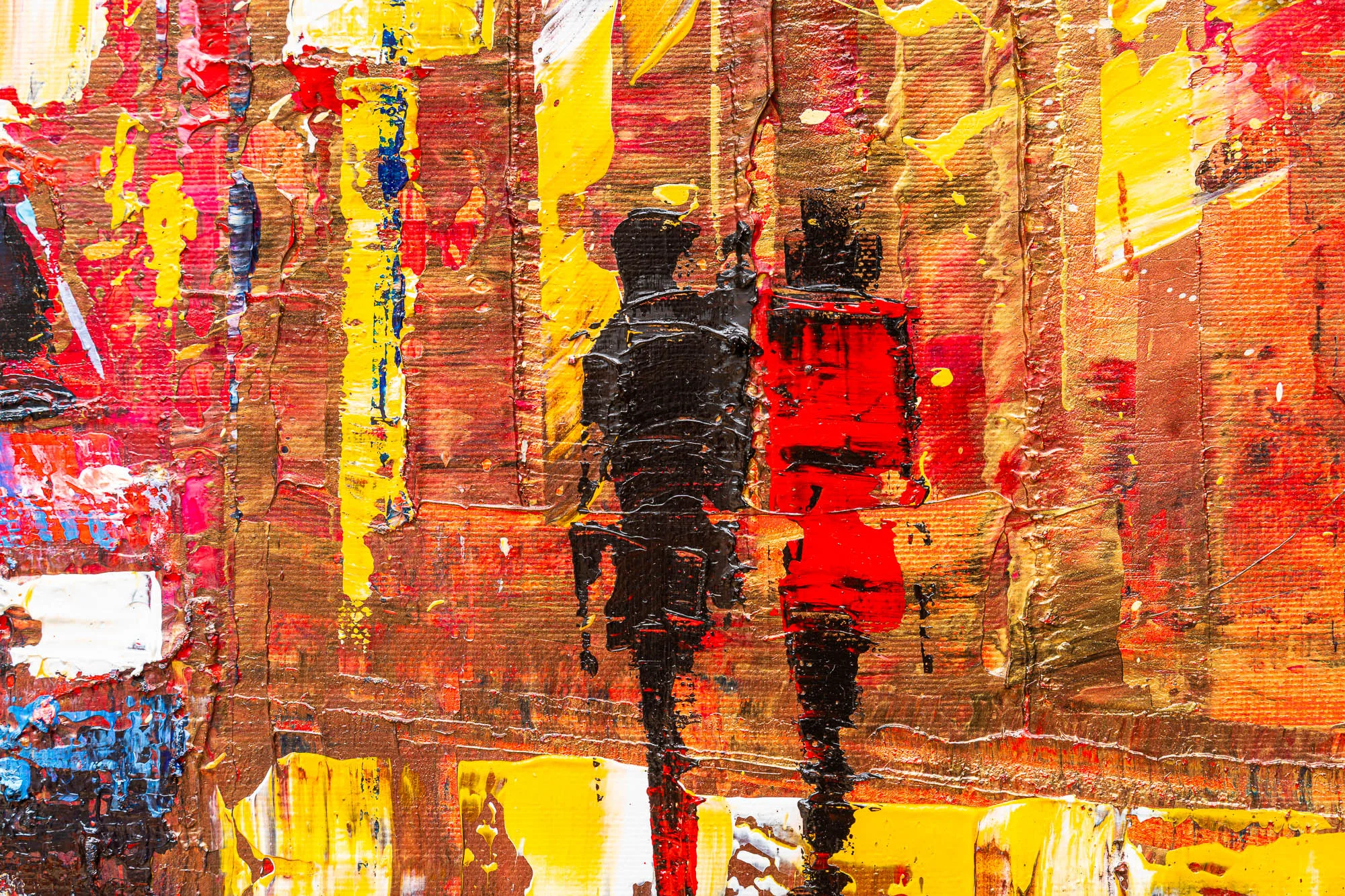 Close-up of Blazing Broadway, an original painting by Paul Kenton: thick textured strokes of red, yellow and brown, with two dark silhouetted figures walking through a bustling New York street.