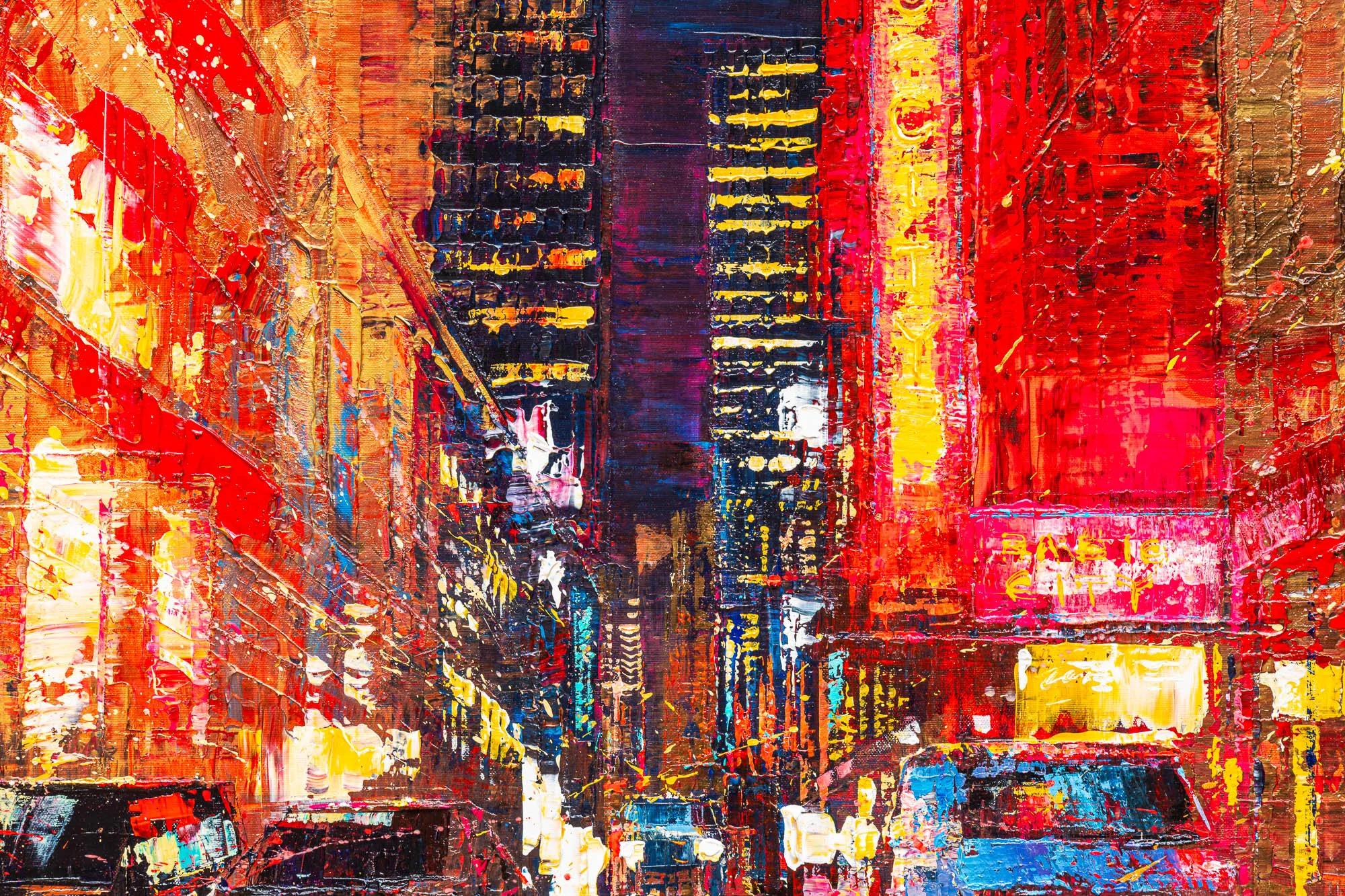 Close-up of Blazing Broadway, an original painting by Paul Kenton: thick, textured strokes of red, orange and gold show glowing New York street lights, lit signs and tall buildings at night.