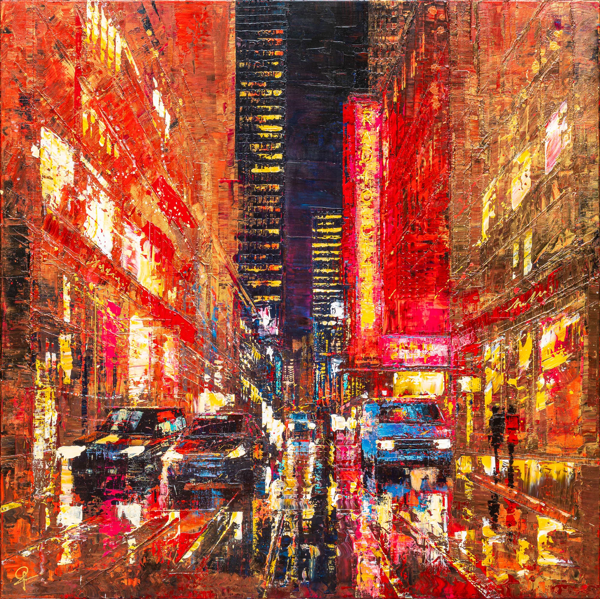 Blazing Broadway, an original painting by Paul Kenton: a night street in New York glowing red and gold, with yellow lit windows, dark cars and a tall tower rising through thick textured paint.