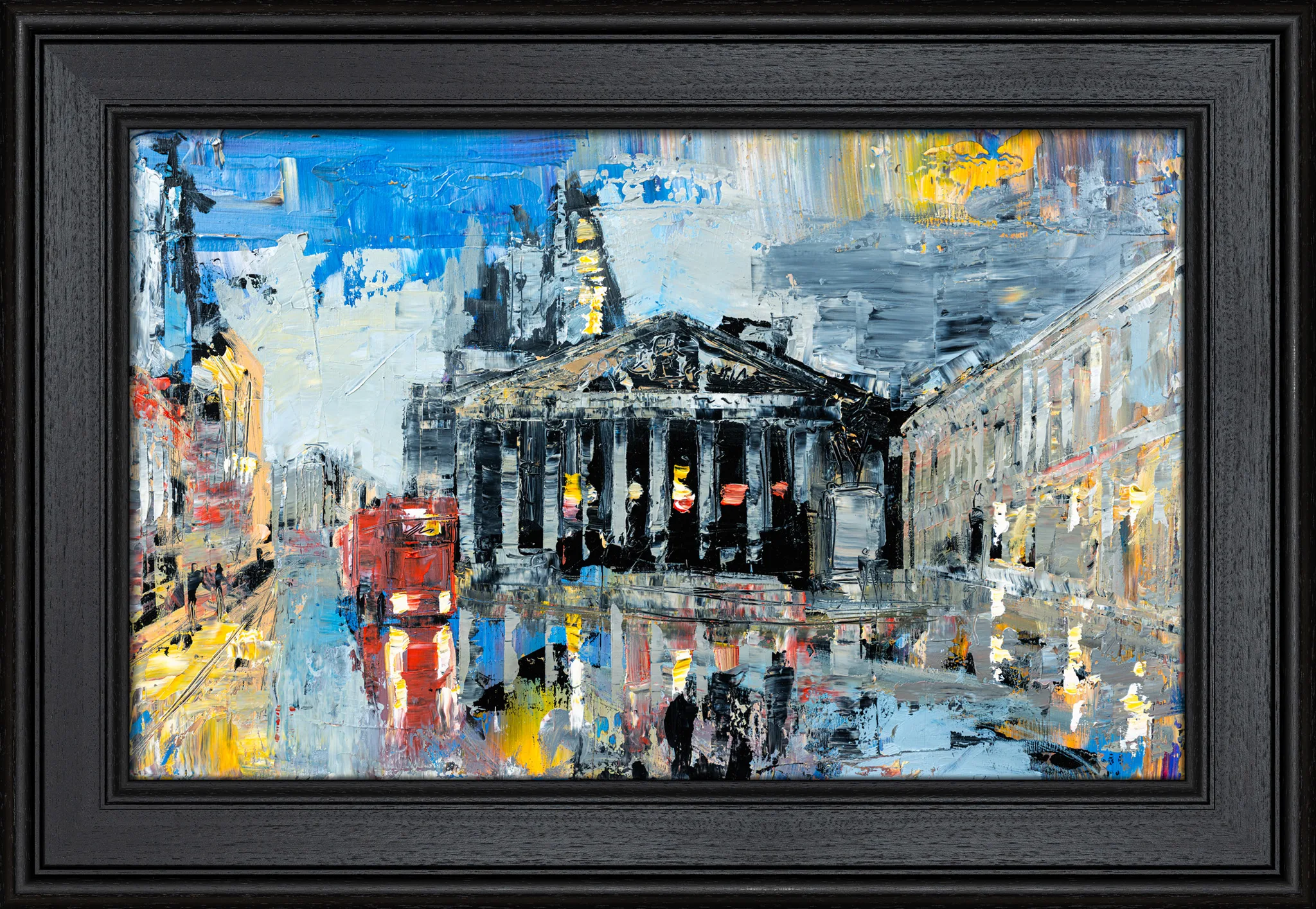 Bank Junction, an original painting by Paul Kenton in a black float frame: a textured, rain-lit view of the Royal Exchange columns, with a red London bus and blue reflections on wet street.