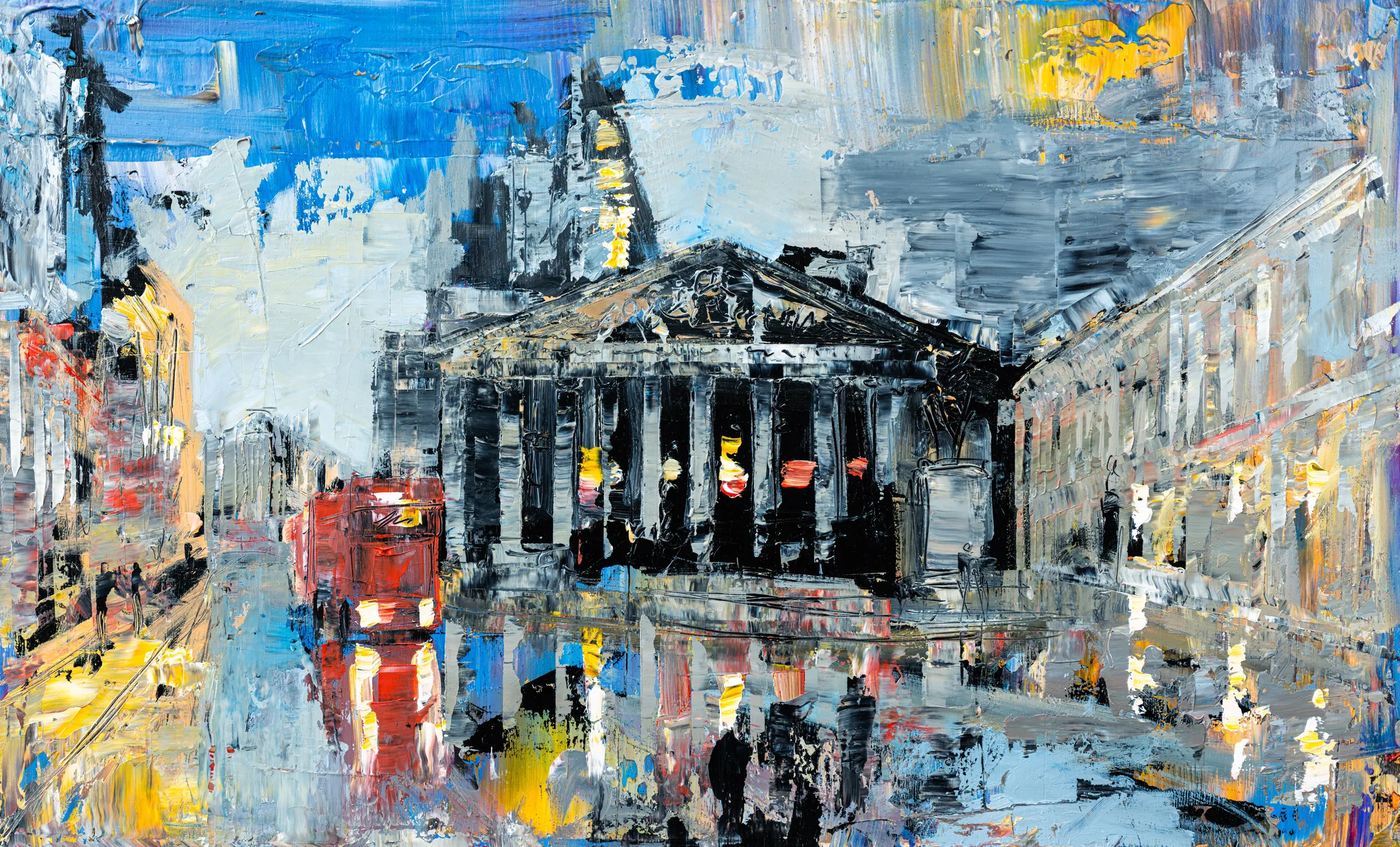 Bank Junction, an original painting by Paul Kenton: a textured London street scene with a classical columned building, a red double-decker bus and glowing windows in blue, grey and gold.