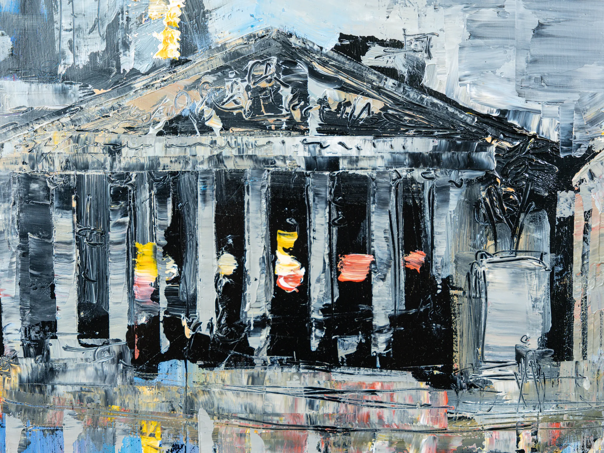 Close-up of Bank Junction, an original painting by Paul Kenton, showing thick palette-knife strokes of grey, black and white across a classical columned building, with glowing yellow, orange and red touches among the dark columns.