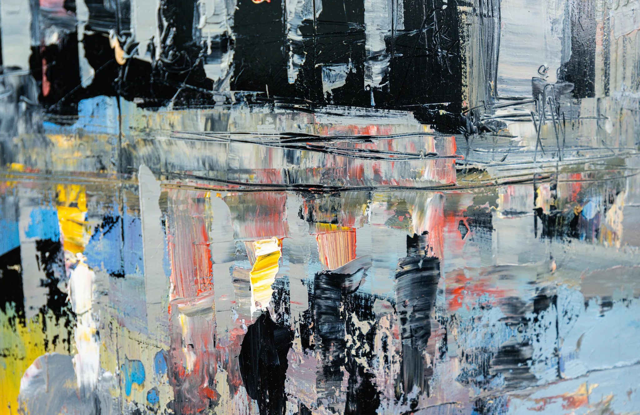Close-up of Bank Junction, an original painting by Paul Kenton, showing thick palette-knife strokes of black, white, grey, red and yellow forming a textured London street scene with blurred architecture.
