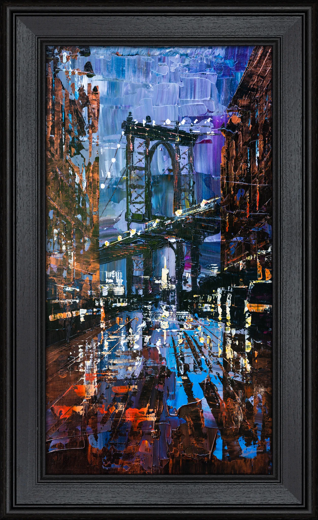 Bridge Nocturne, an original painting by Paul Kenton in a black wooden frame: a textured night view of the Manhattan Bridge down a glowing, rain-slick street, in blues, violets and burnt orange.