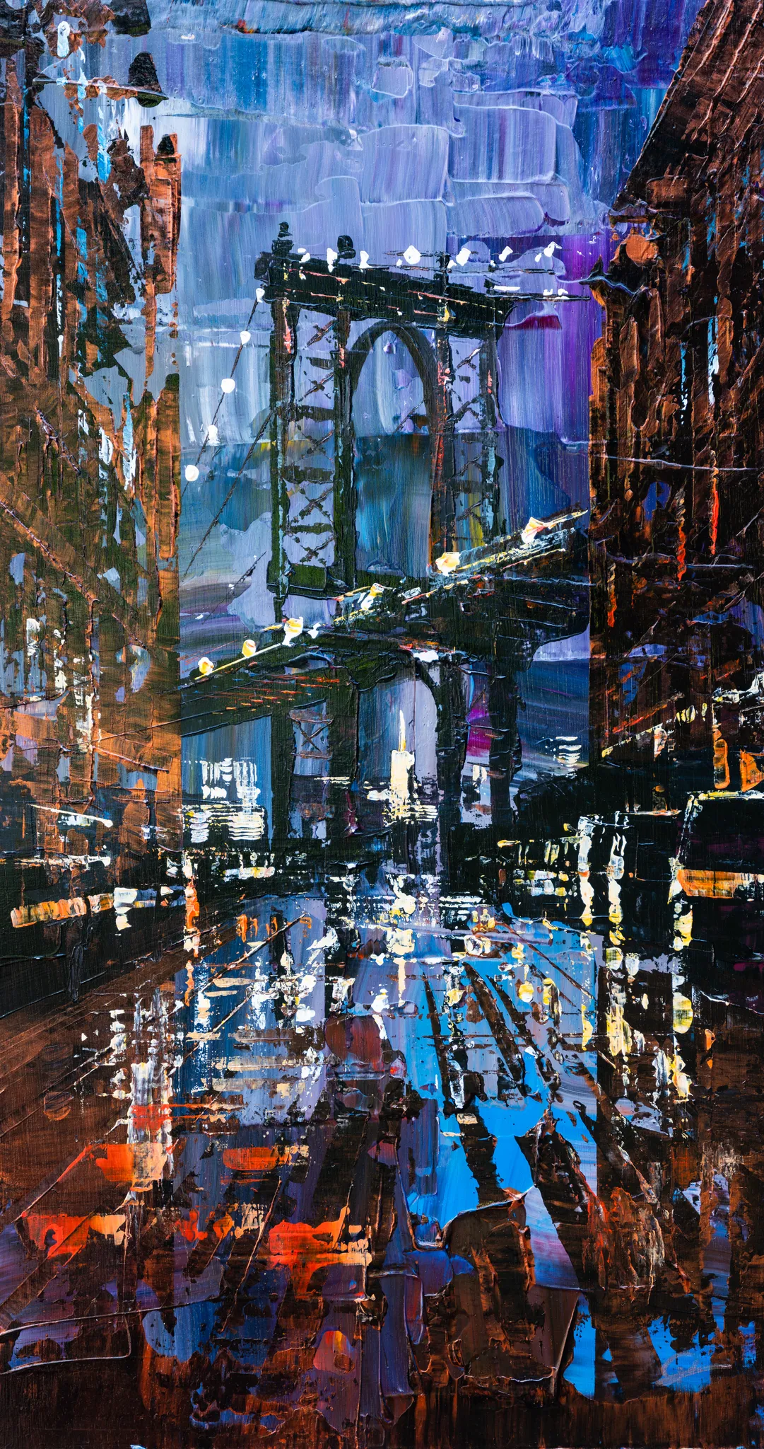 Bridge Nocturne, an original painting by Paul Kenton: a thickly textured night view of a suspension bridge's arches above a rain-slicked street, in blues, purples and warm browns.