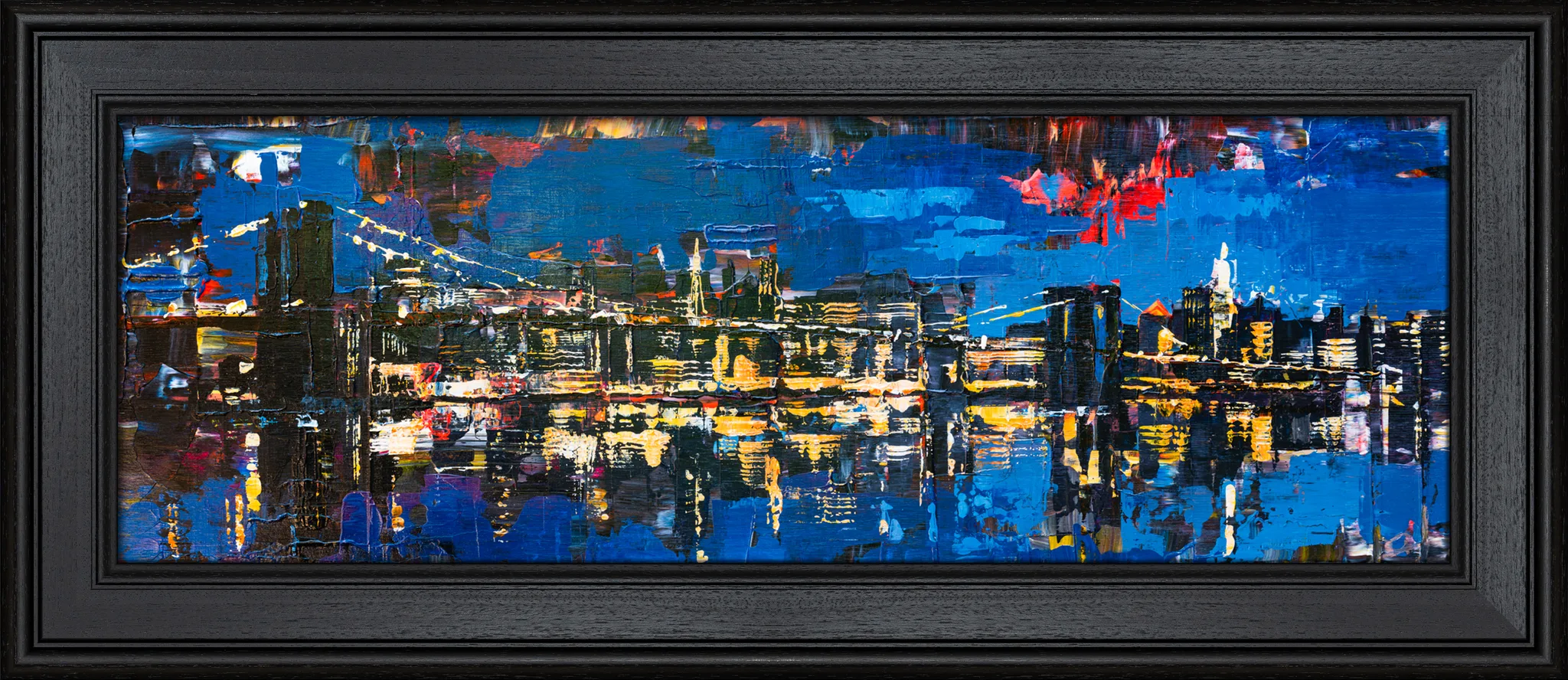 City After Dark, an original painting by Paul Kenton in a black ornate float frame: a textured night skyline of New York in deep blues, with glowing gold and red city lights reflected on water.