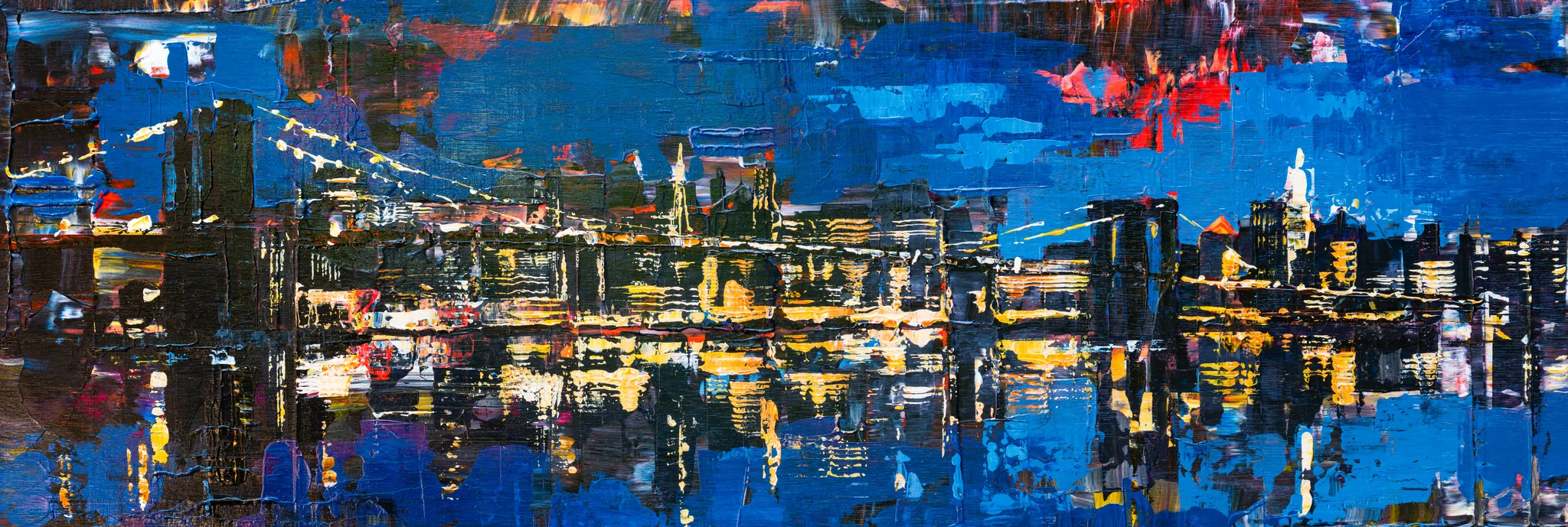 City After Dark, an original painting by Paul Kenton: a bold, textured night view of a New York skyline in blues, with glowing yellow and red lights reflected across dark water.