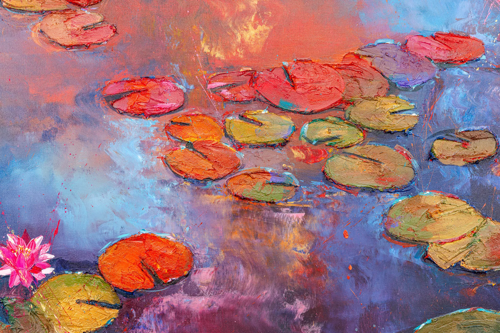 Close-up of Celestial Blooms, an original painting by Paul Kenton, showing thickly textured lily pads in red, orange and gold floating on a pond reflecting blue and violet, with a pink water lily at left.