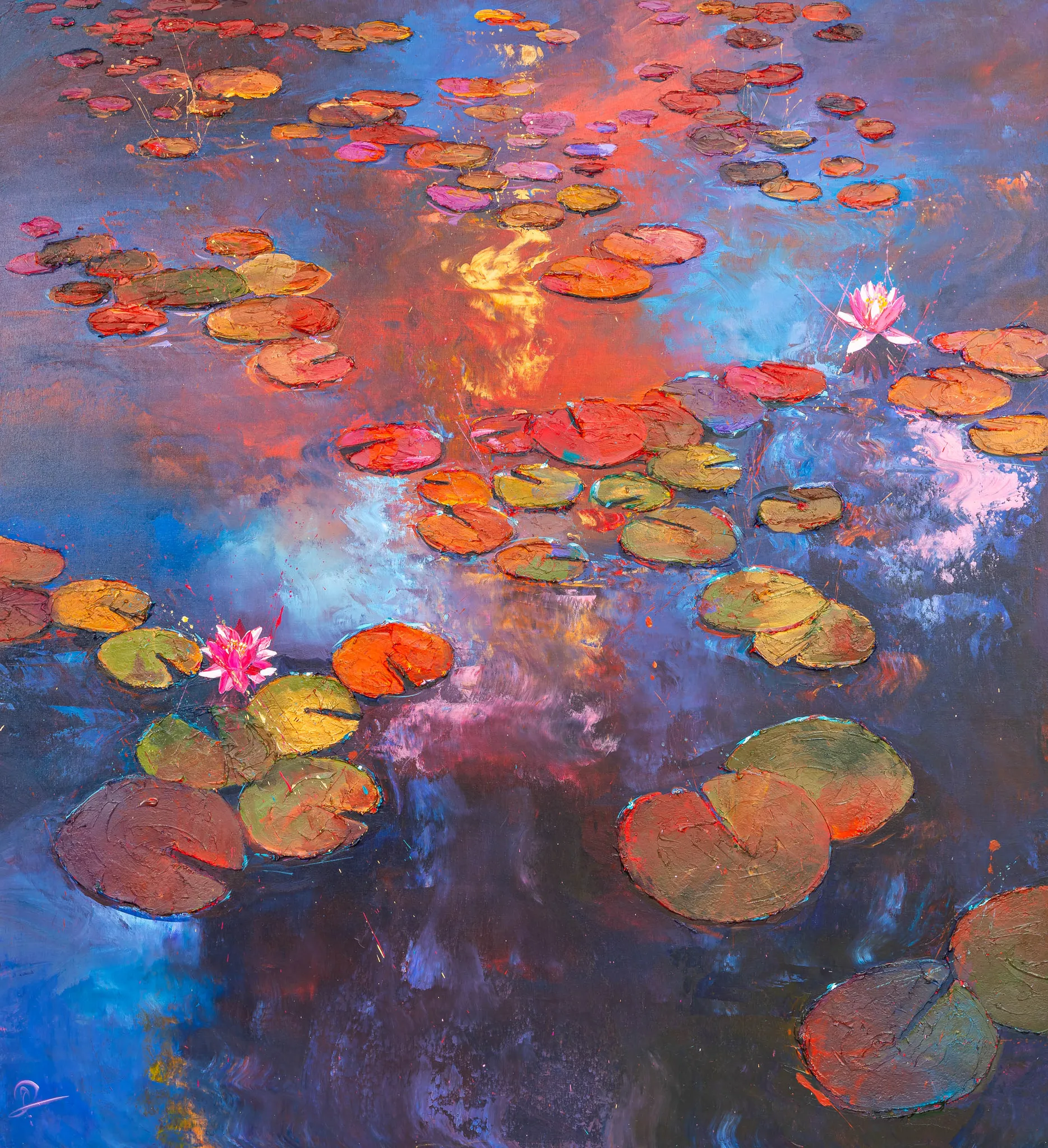 Celestial Blooms, an original painting by Paul Kenton: water lilies and pink lotus flowers float on a pond reflecting a warm orange and blue sky, with textured, glowing colours and a dreamy mood.