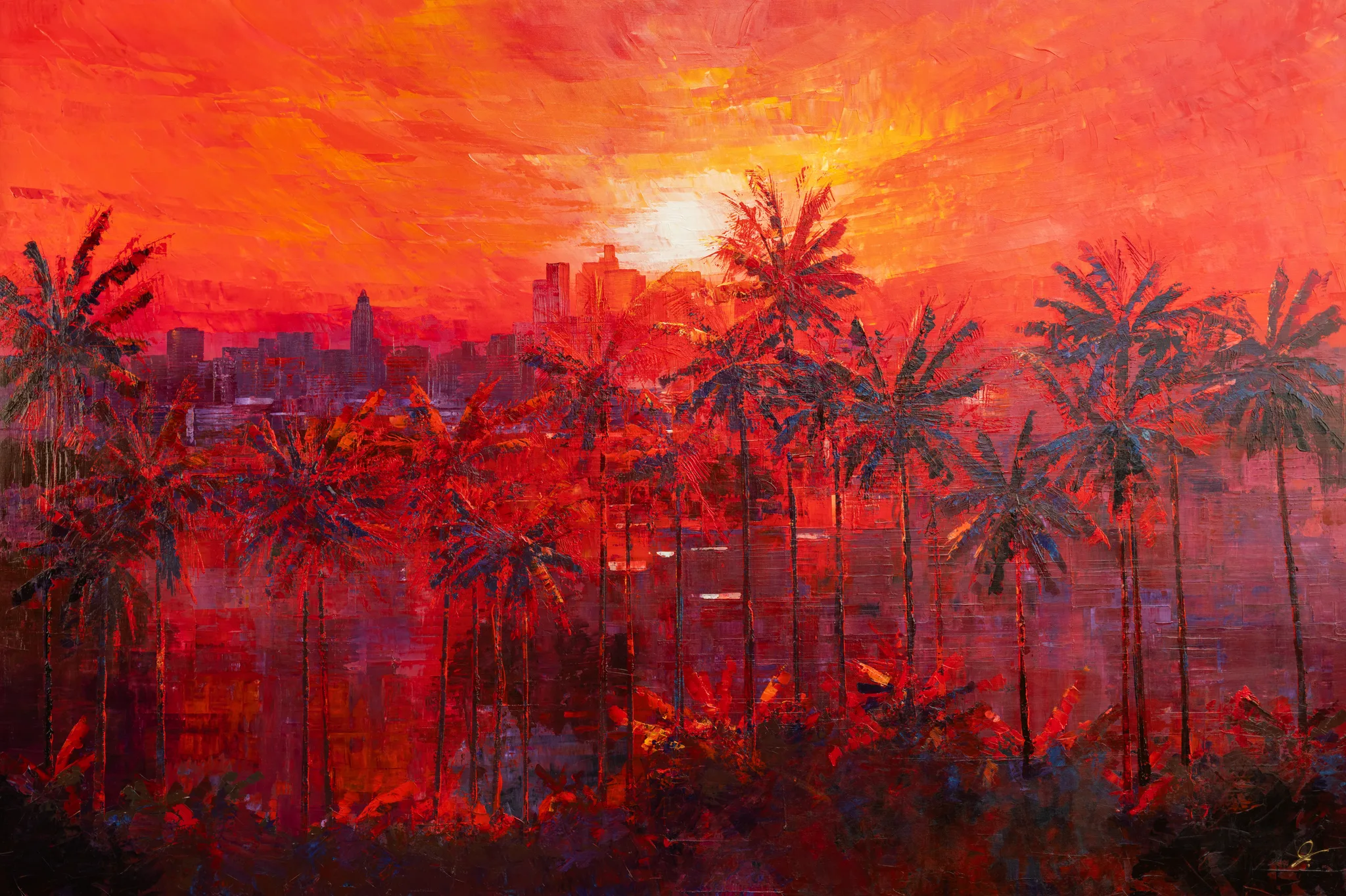 City Beyond the Palms, an original painting by Paul Kenton: a fiery red and orange sunset behind silhouetted palm trees and a distant Los Angeles skyline, painted in thick, textured strokes.