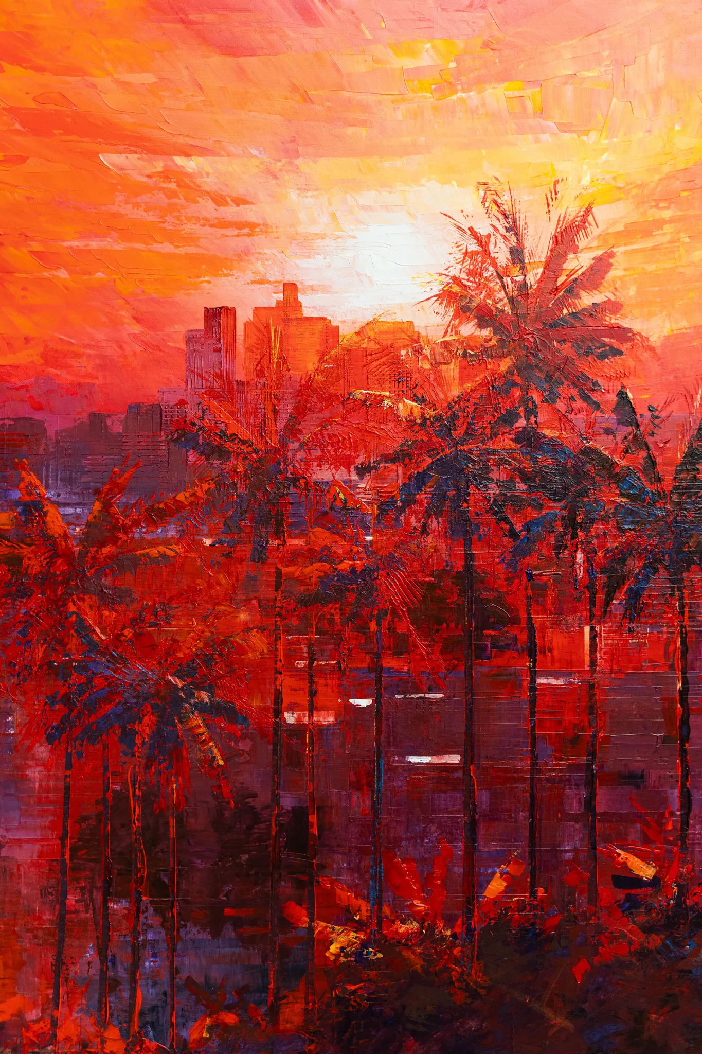 Close-up of City Beyond the Palms, an original painting by Paul Kenton: thick, textured brushstrokes of orange and red show palm trunks and fronds silhouetted against a sunset over a distant city skyline.