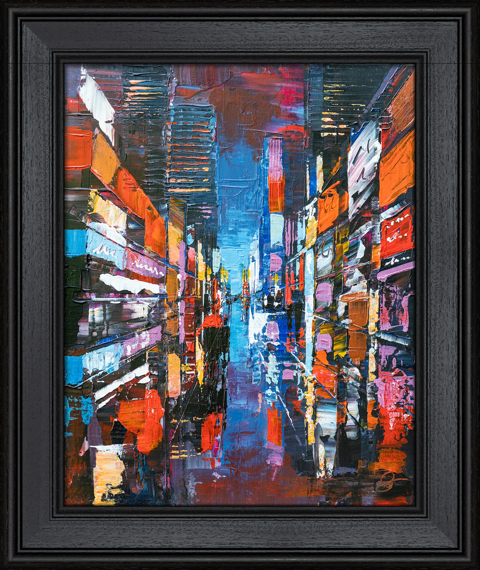 City Corridor, an original painting by Paul Kenton in a black wooden frame: a textured night street in New York, with orange and red facades and a glowing blue vanishing point.