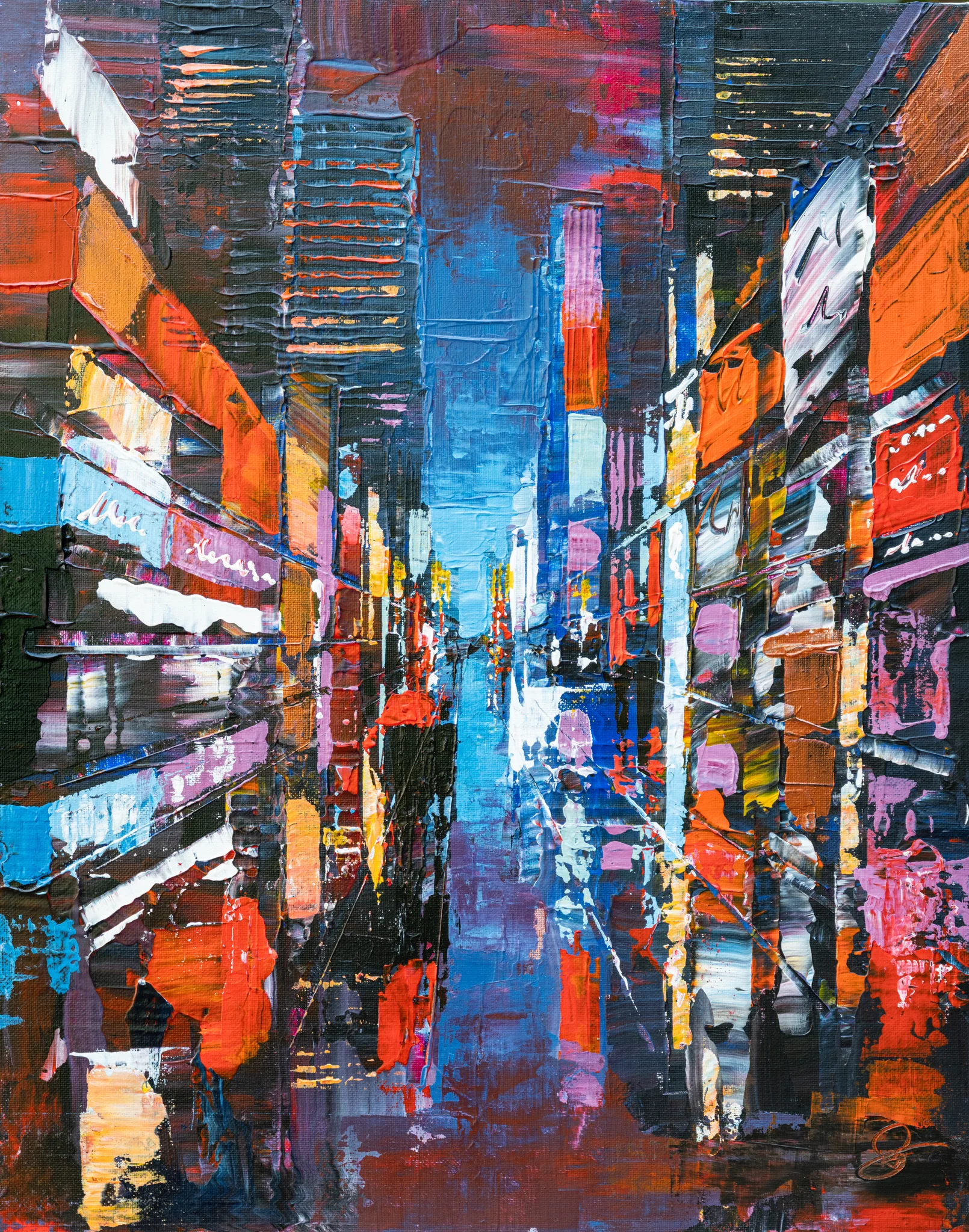 City Corridor, an original painting by Paul Kenton: a thickly textured night street of New York, with glowing red, orange and blue shopfronts and tall buildings converging towards a bright blue vanishing point.