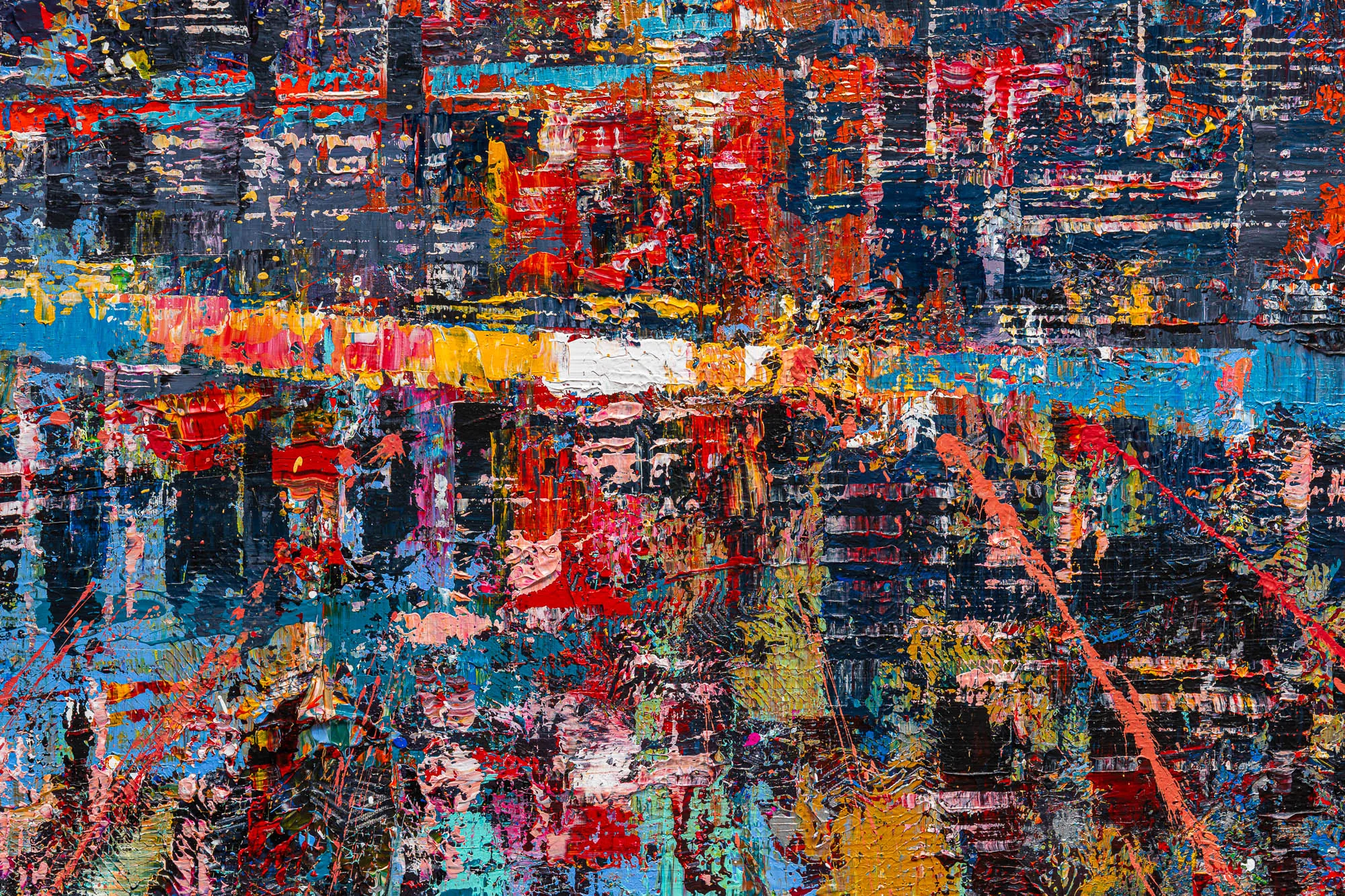Close-up of Chromatic Capital, an original painting by Paul Kenton, showing thick textured brushwork of red, orange, blue and white over dark city-like blocks, with a glowing horizon-like band.