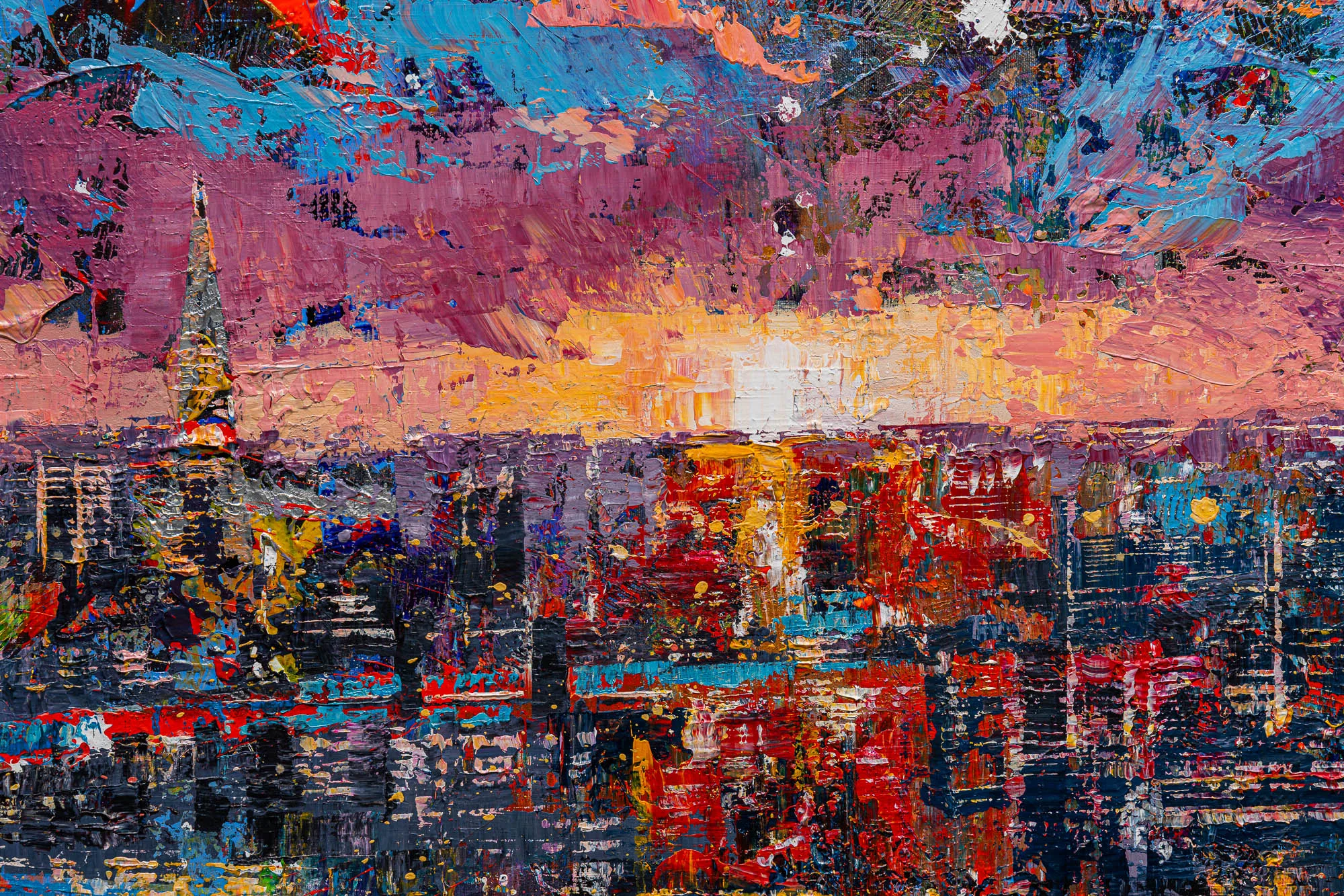 Close-up of Chromatic Capital, an original painting by Paul Kenton, showing thick palette-knife strokes of red, pink and blue over a London skyline at dusk, with a pale gold glow on the horizon.