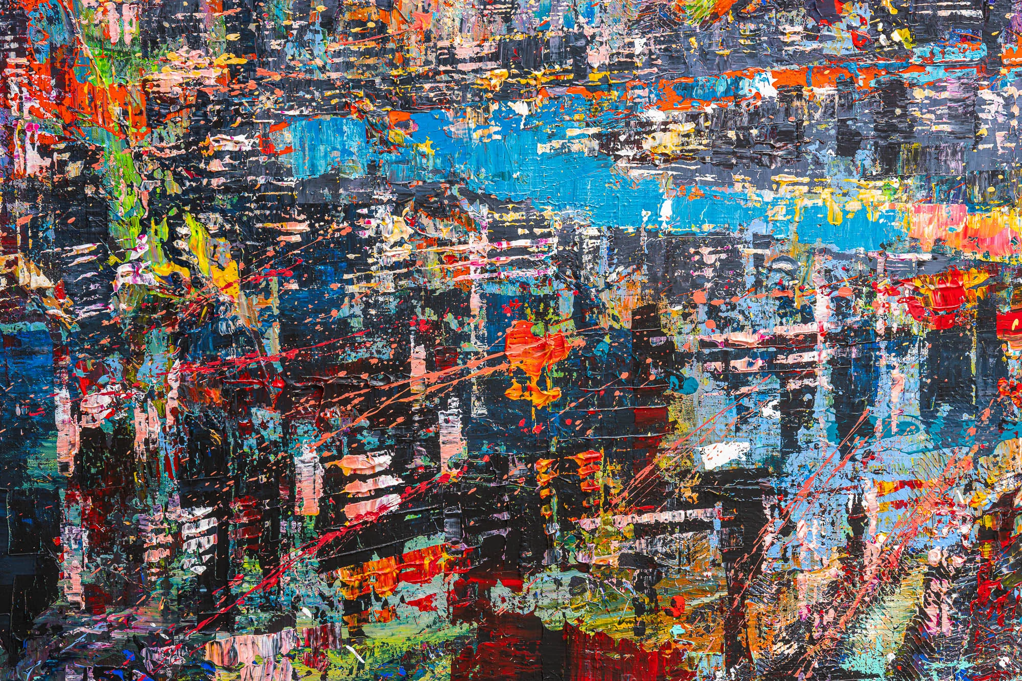 Close-up of Chromatic Capital, an original painting by Paul Kenton, showing thick textured layers of dark navy, cobalt blue, red and orange paint suggesting a densely built city at night.