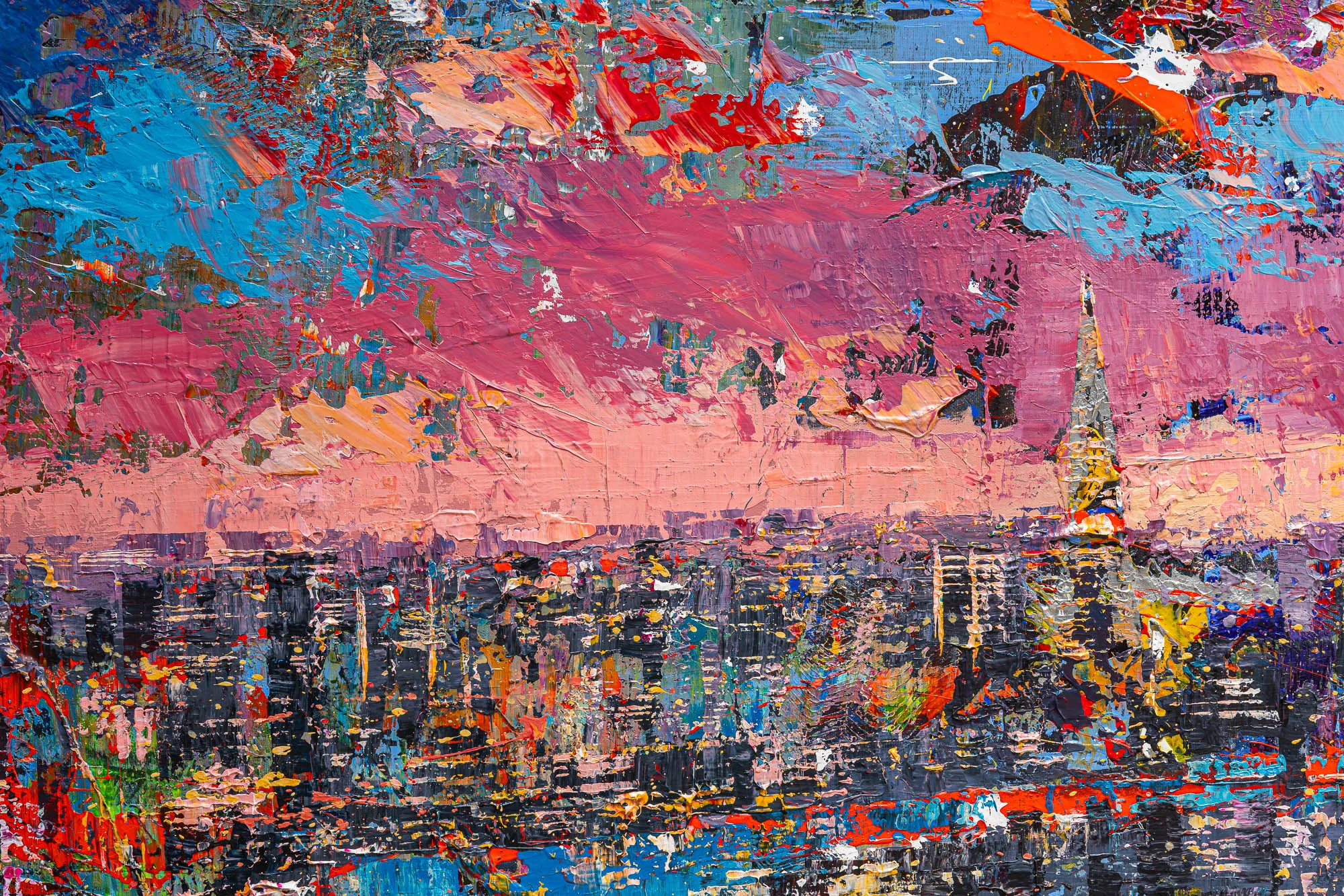 Close-up of Chromatic Capital, an original painting by Paul Kenton, showing thick textured brushwork of pink, blue and orange over a dark, glittering London skyline with a spire.