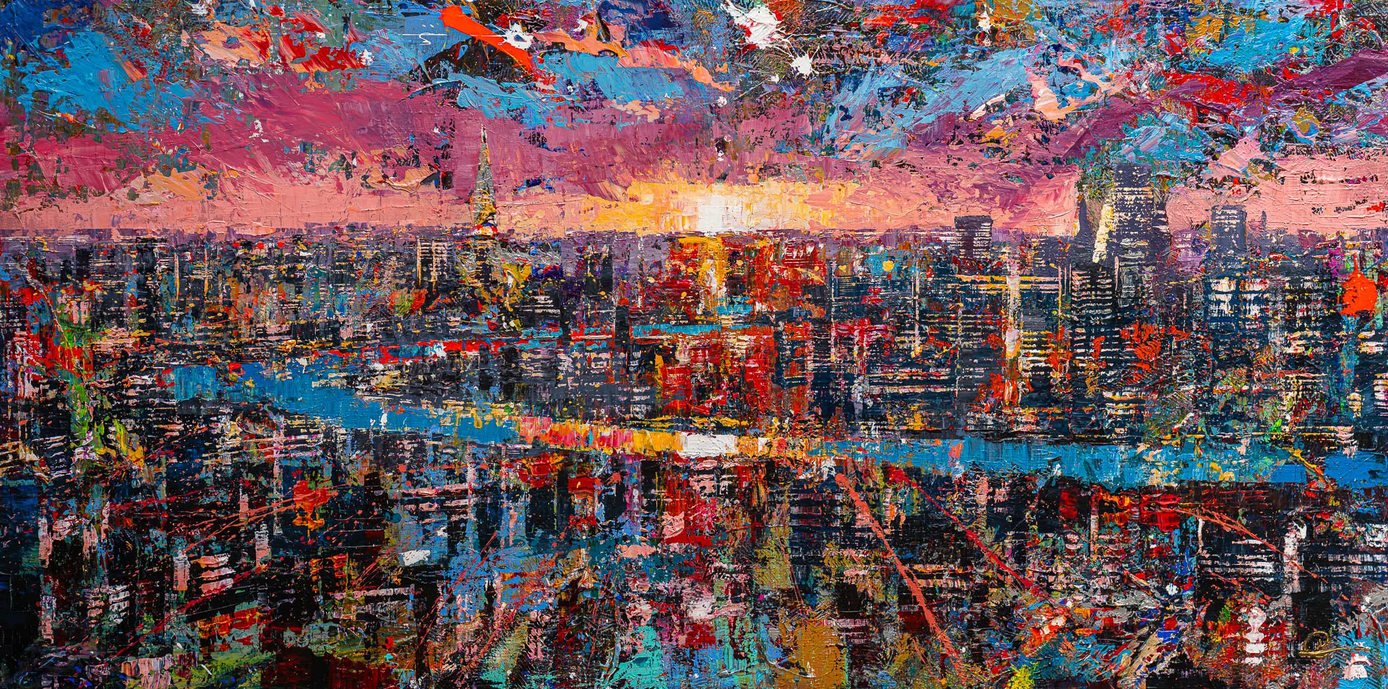 Chromatic Capital, an original painting by Paul Kenton: a panoramic London skyline at dusk, built from thick textured strokes of pink, blue, red and gold beneath a glowing sunset sky.