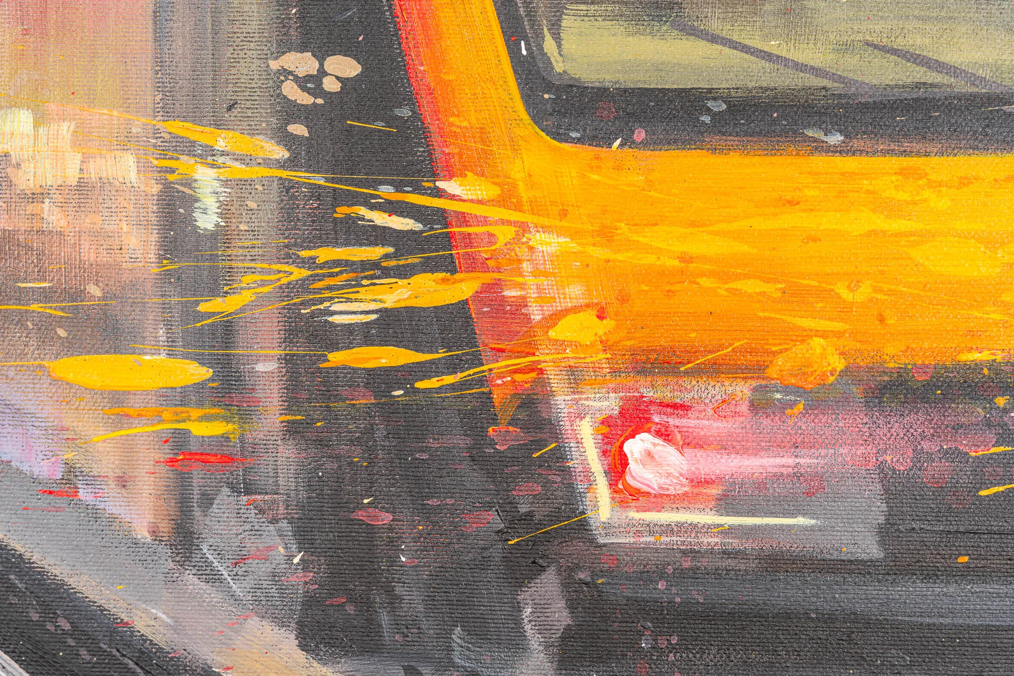 Close-up of Capital Connections, an original oil painting by Paul Kenton: loose yellow-orange brushstrokes and splashes over a dark London street scene, with flecks of red and pink light.