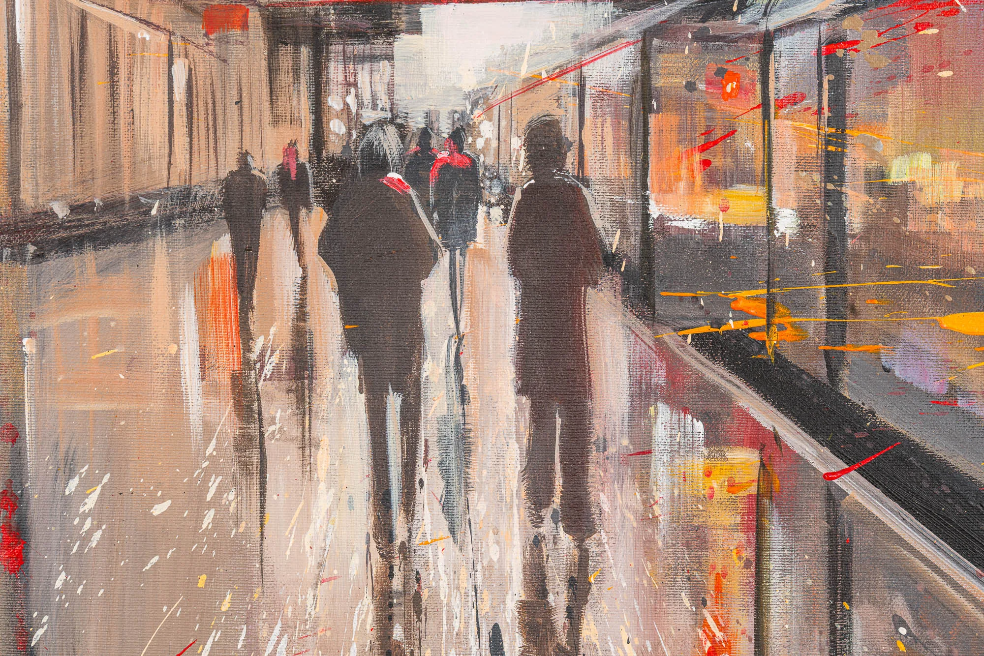 Close-up of Capital Connections, an original oil on canvas by Paul Kenton: dark silhouetted pedestrians walk a wet street, with loose, splattered strokes of orange, red and cream light.