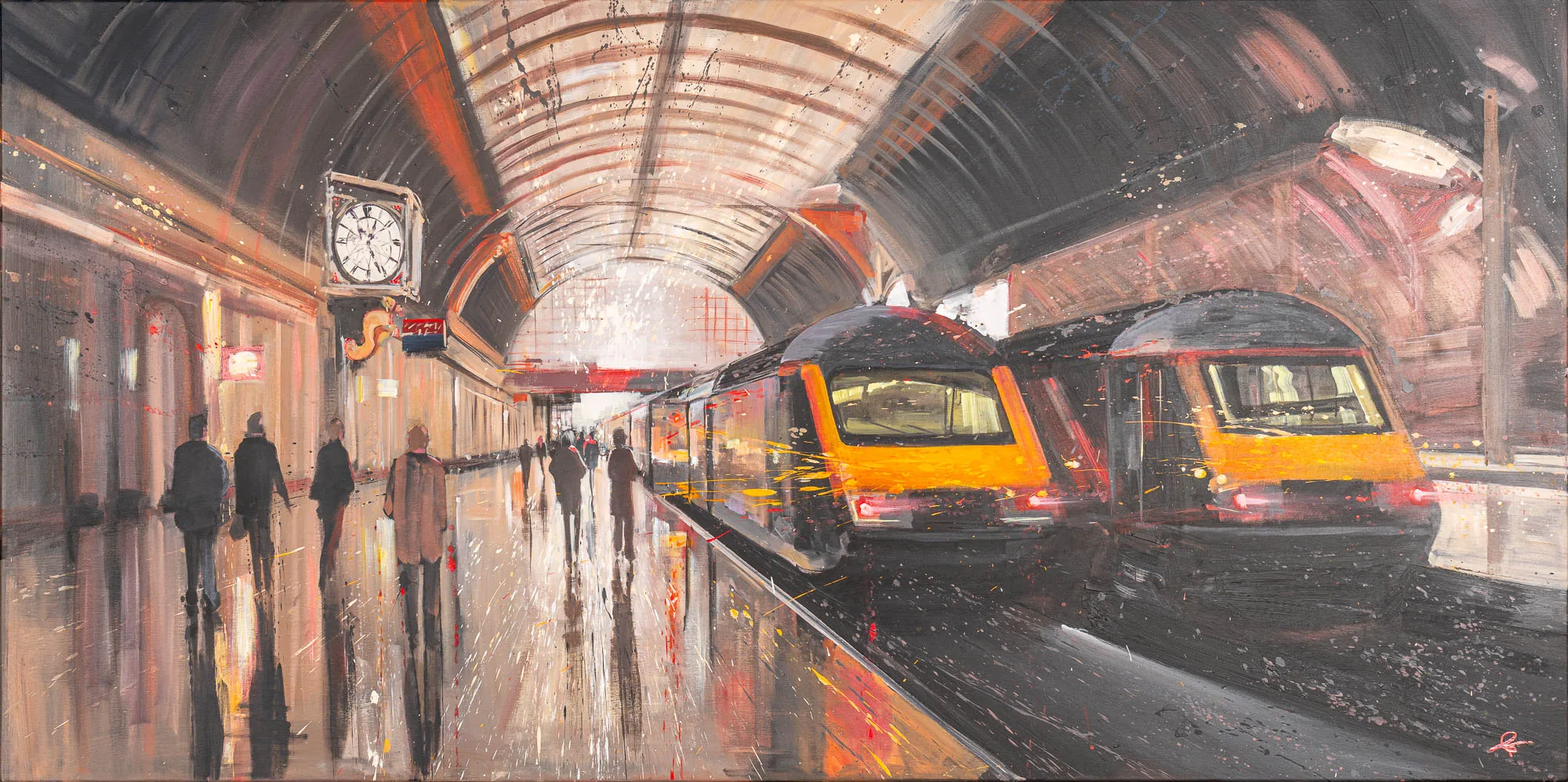 Capital Connections, an original oil painting by Paul Kenton: a curved, arched railway platform in London with a row of figures walking toward the viewer, two yellow-fronted trains on the right, and warm orange and grey tones.