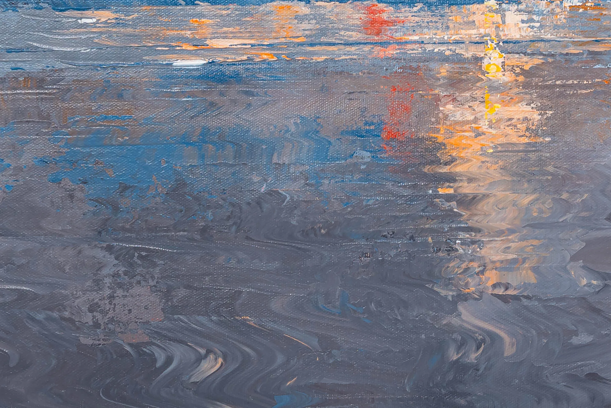 Close-up of Coastal Embers, an original oil painting by Paul Kenton: swirling grey and blue paint with flecks of orange and red light reflected on wet-looking water, showing thick textured brushwork.