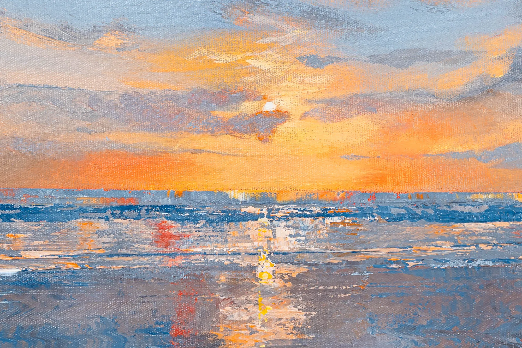 Close-up of Coastal Embers, an original oil painting by Paul Kenton: thick, textured strokes of orange sunset cloud above blue-grey sea, with sun glints reflected on wet sand.