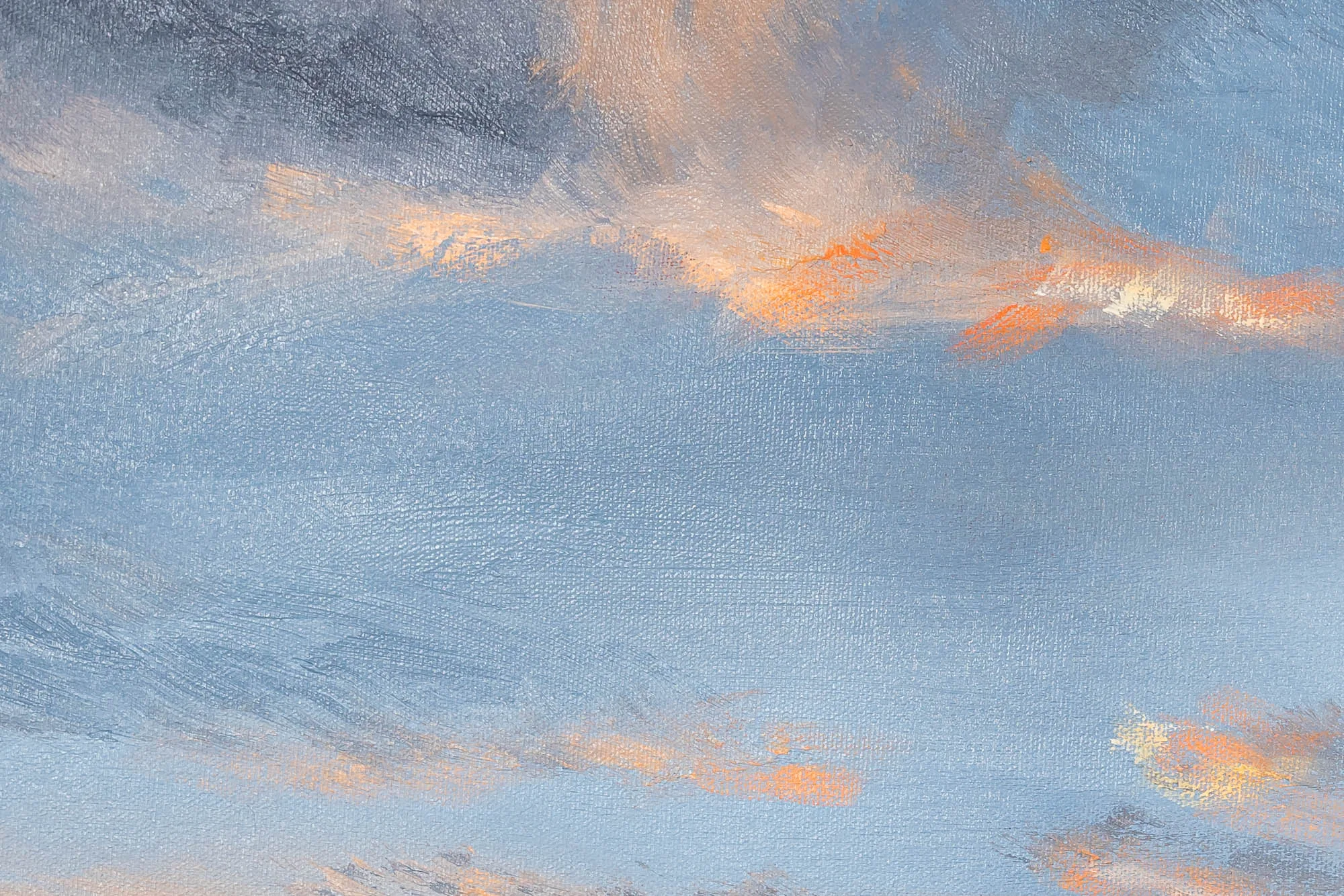 Close-up detail of Coastal Embers, an original oil painting by Paul Kenton: pale blue sky with loose, textured brushstrokes and glowing orange and peach clouds at sunset.
