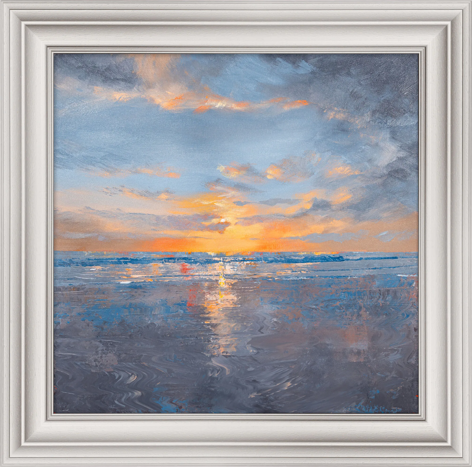 Coastal Embers, an original oil painting by Paul Kenton in a cream ornate frame: a glowing sunset over a calm sea.