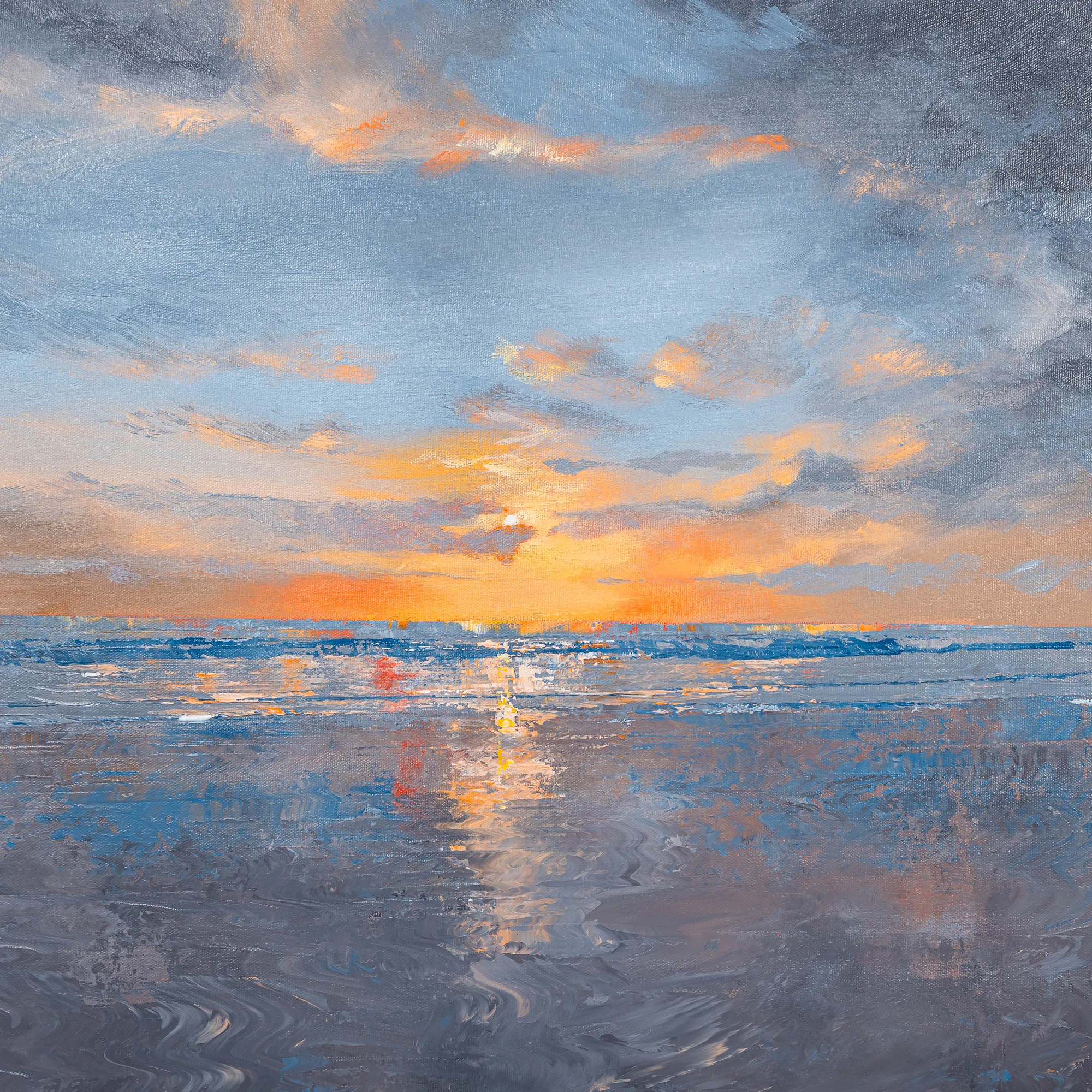 Coastal Embers, an original oil painting by Paul Kenton: a sunset over a calm sea, with glowing orange light reflected on rippling blue-grey water beneath soft, textured clouds.