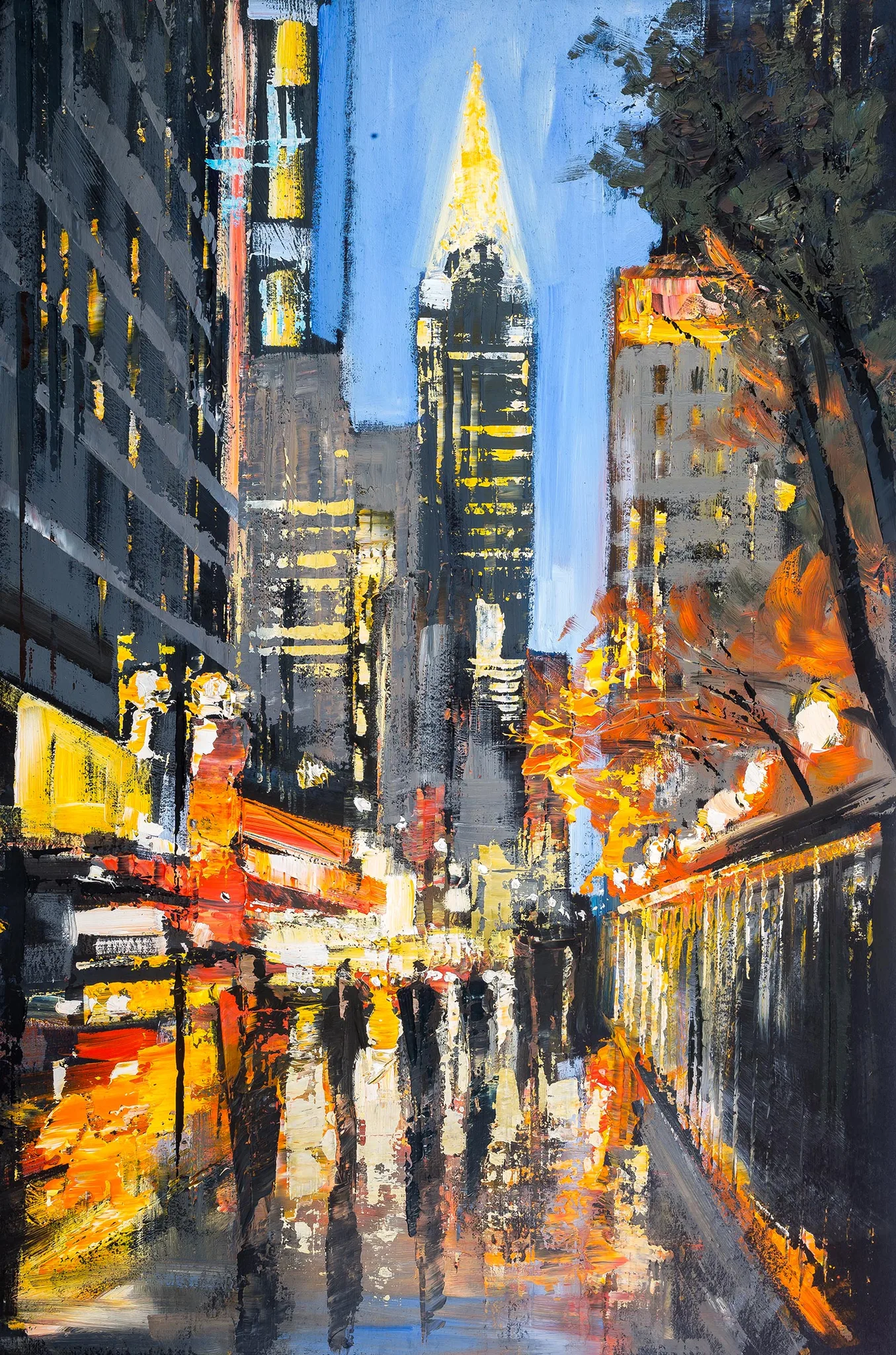 Chrysler Lights, a limited edition giclée print by Paul Kenton: a textured night street in New York, with a glowing spired tower under blue dusk and warm amber lights reflected on wet pavement.
