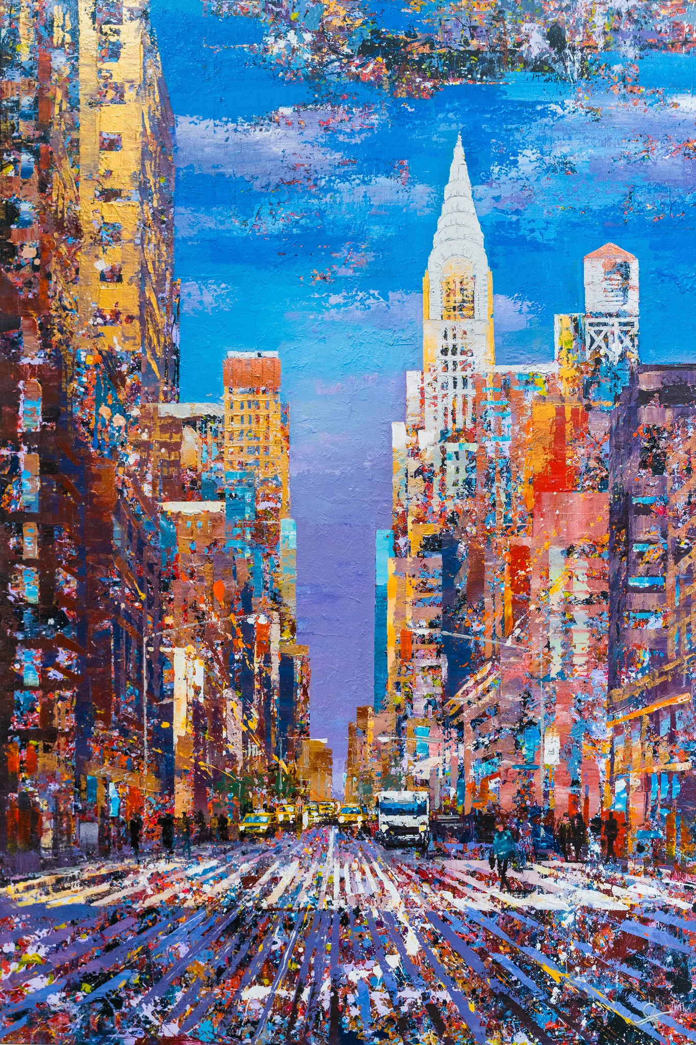 Chrysler in Gold, an original painting by Paul Kenton: a bold, textured street view of New York with a white-spired skyscraper rising under bright blue sky, gold-lit towers and a busy crosswalk below.