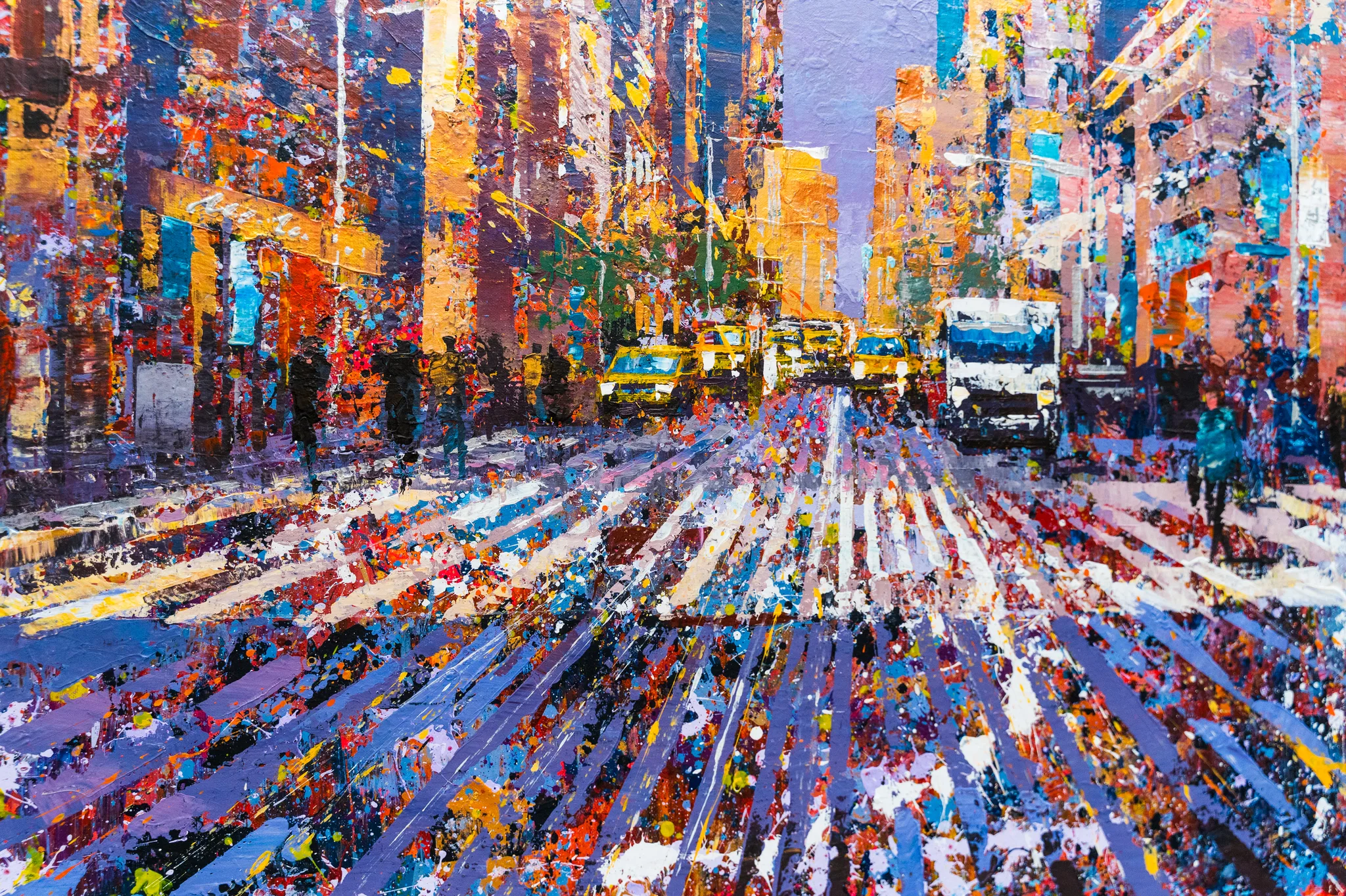 Close-up of Chrysler in Gold, an original painting by Paul Kenton: thick, textured strokes of violet, orange and gold show yellow taxis and a crosswalk of bright stripes in a New York street.