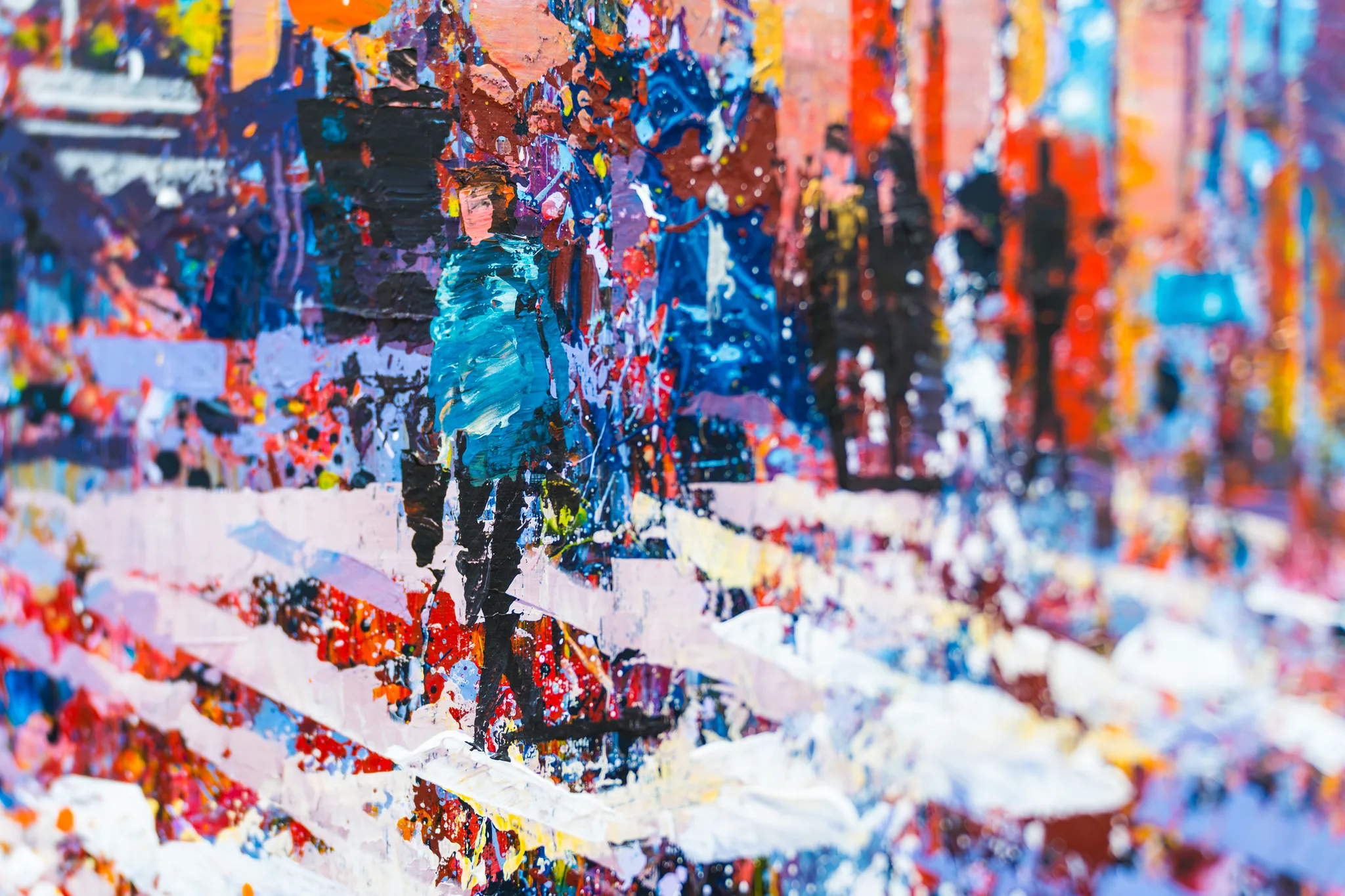 Close-up of Chrysler in Gold, an original mixed media painting by Paul Kenton, showing a figure in a teal coat on a busy street, with thick, textured strokes of red, blue and orange.