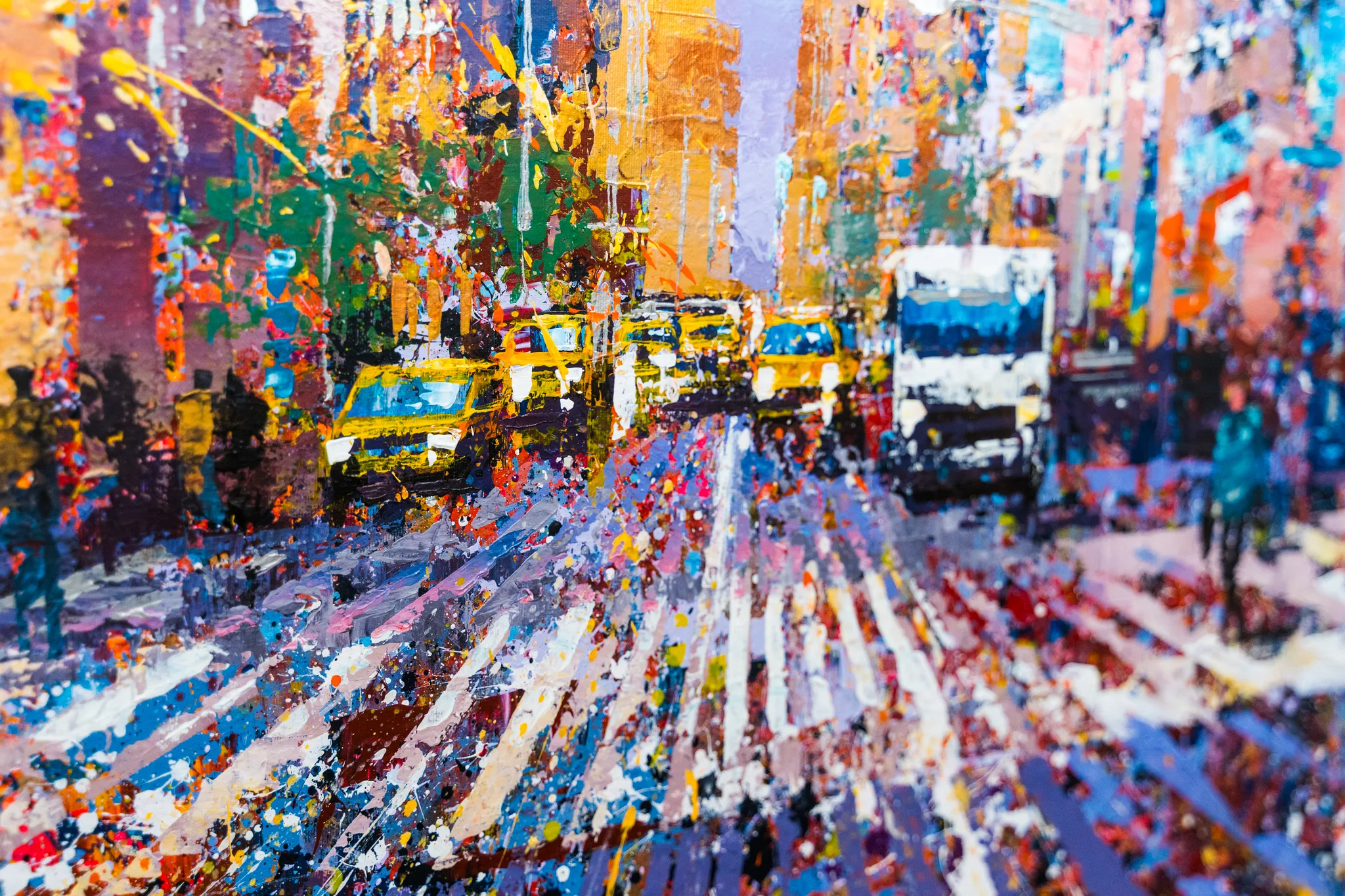 Close-up of Chrysler in Gold, an original painting by Paul Kenton: thick, palette-knife daubs of yellow taxis and a white lorry on a busy New York street, in bold blues, oranges and metallic golds.