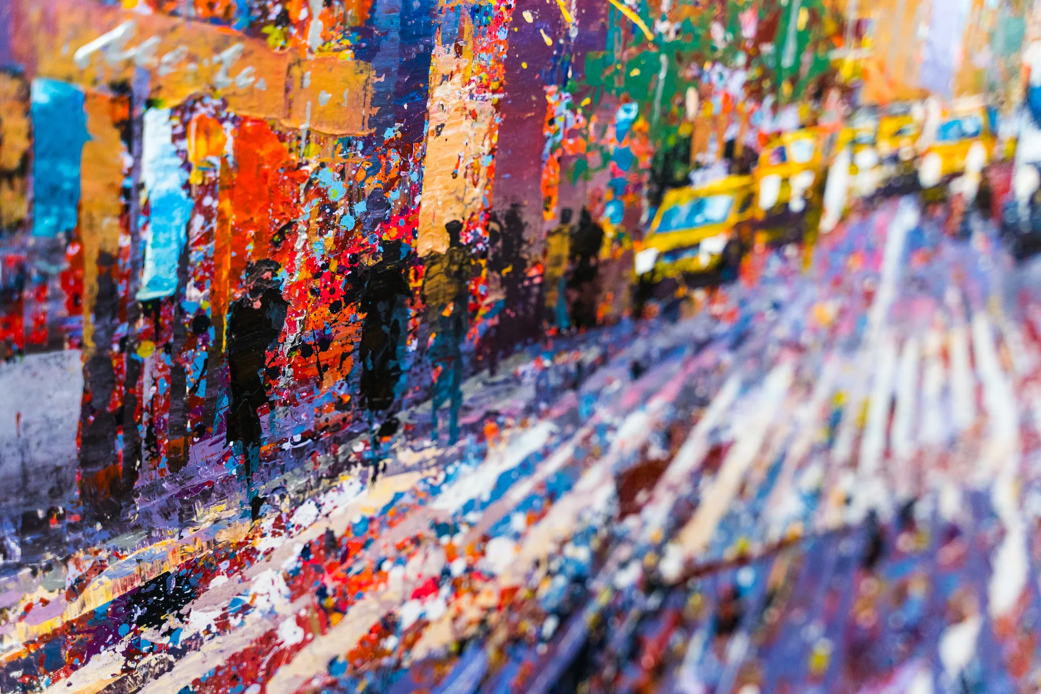 Close-up of Chrysler in Gold, an original painting by Paul Kenton, showing thick, splattered paint in orange, purple and blue with dark figures on a New York street and yellow taxis blurred behind.