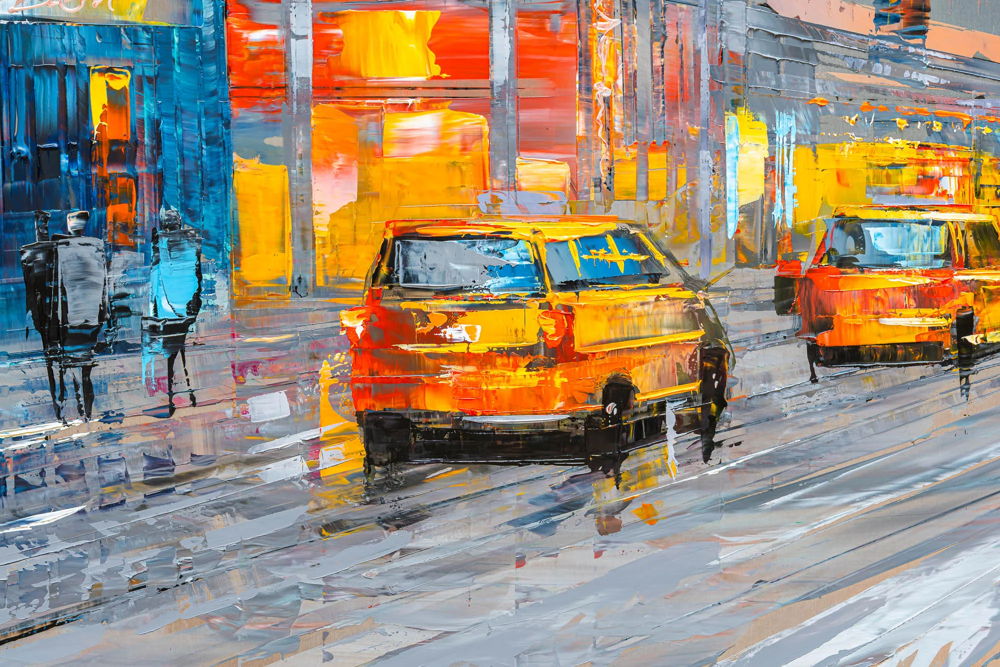 Close-up of City in Silver Light, an original painting by Paul Kenton, showing a yellow taxi and a blurred pedestrian on a wet New York street, with thick, slashing brushstrokes in orange, red and blue.
