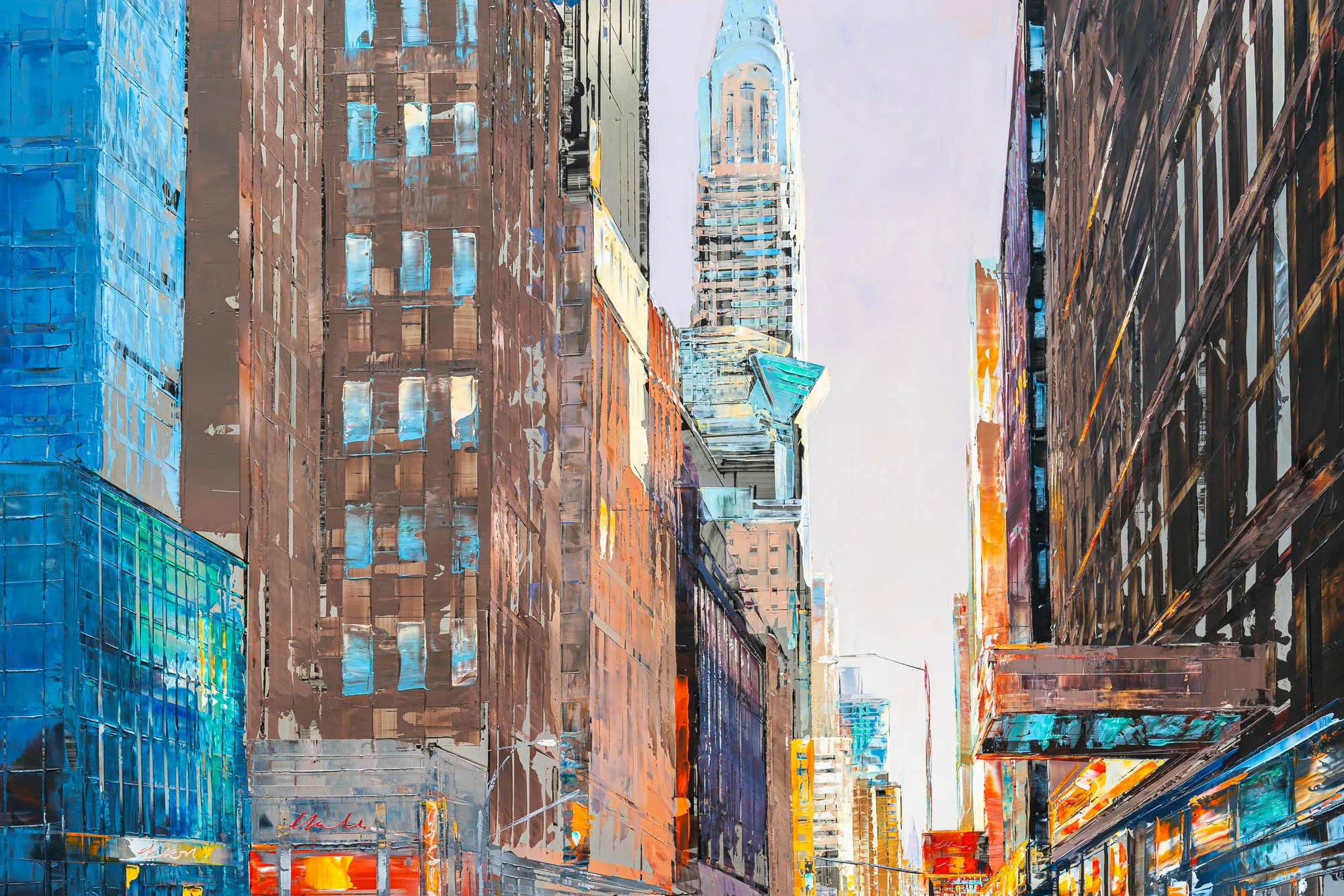 City in Silver Light, an original oil on aluminium painting by Paul Kenton: a close-up of a New York street canyon, with textured blue glass towers on the left, brown and rust facades on the right, and a distant pale spire against a silver sky.