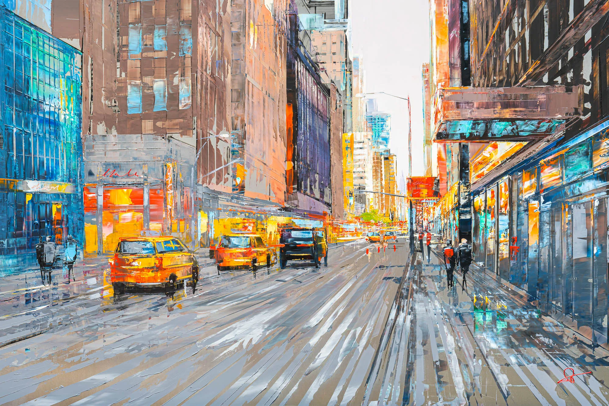 Close-up of City in Silver Light by Paul Kenton: yellow taxis and pedestrians on a wet New York street, rendered in thick, textured brushstrokes.